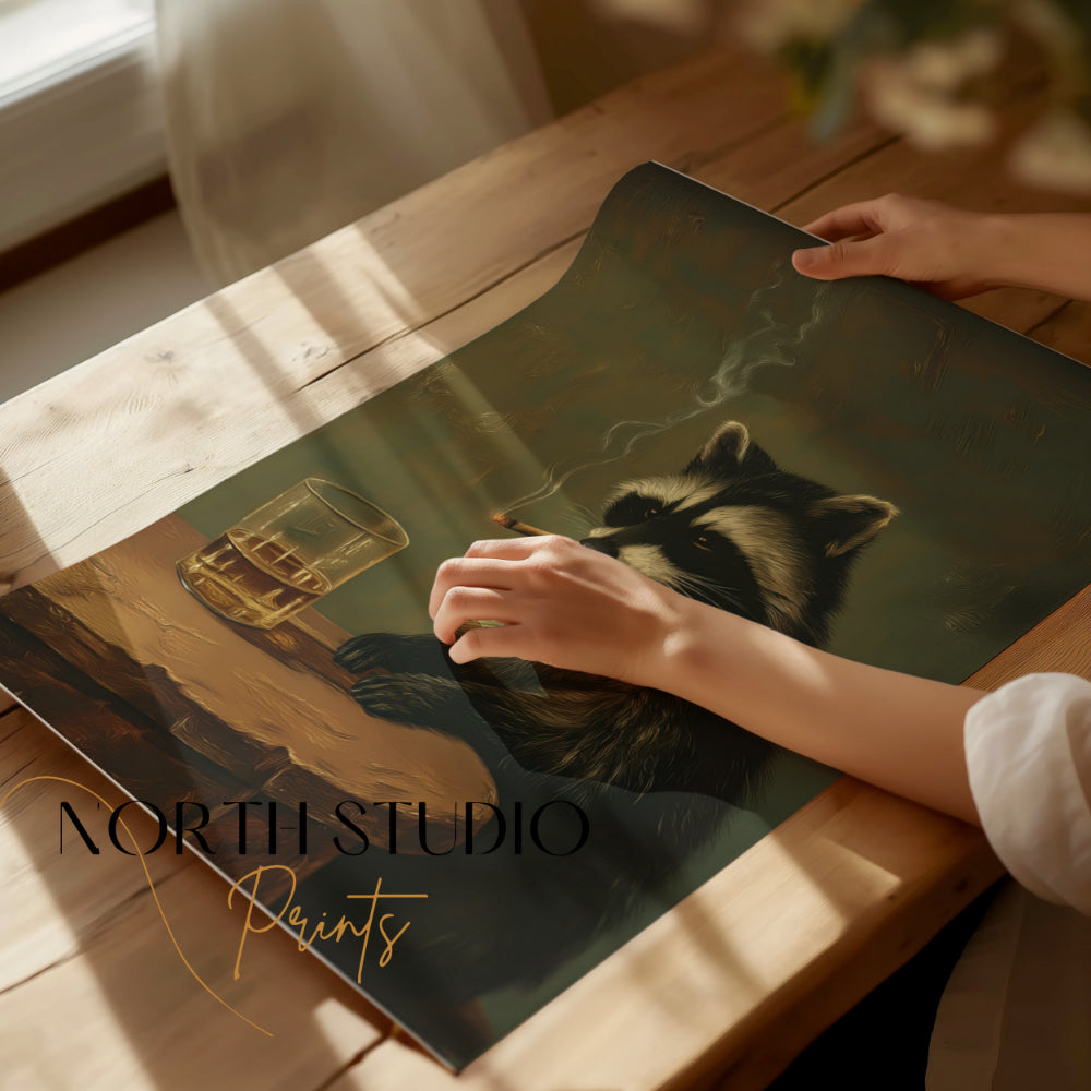 Painting of a raccoon smoking and drinking whiskey on a wooden table.