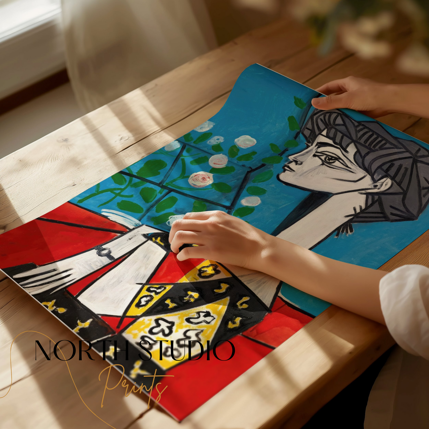 Premium Poster of Abstract Cubist Woman Portrait with Flowers Posters