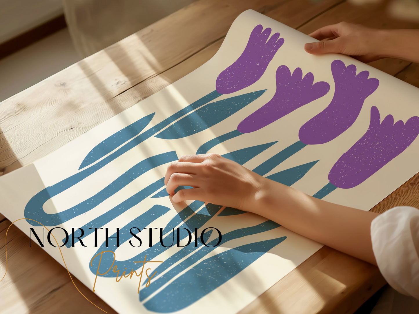 Premium Poster of Abstract Purple Flowers on Blue Stems Art Wall Posters