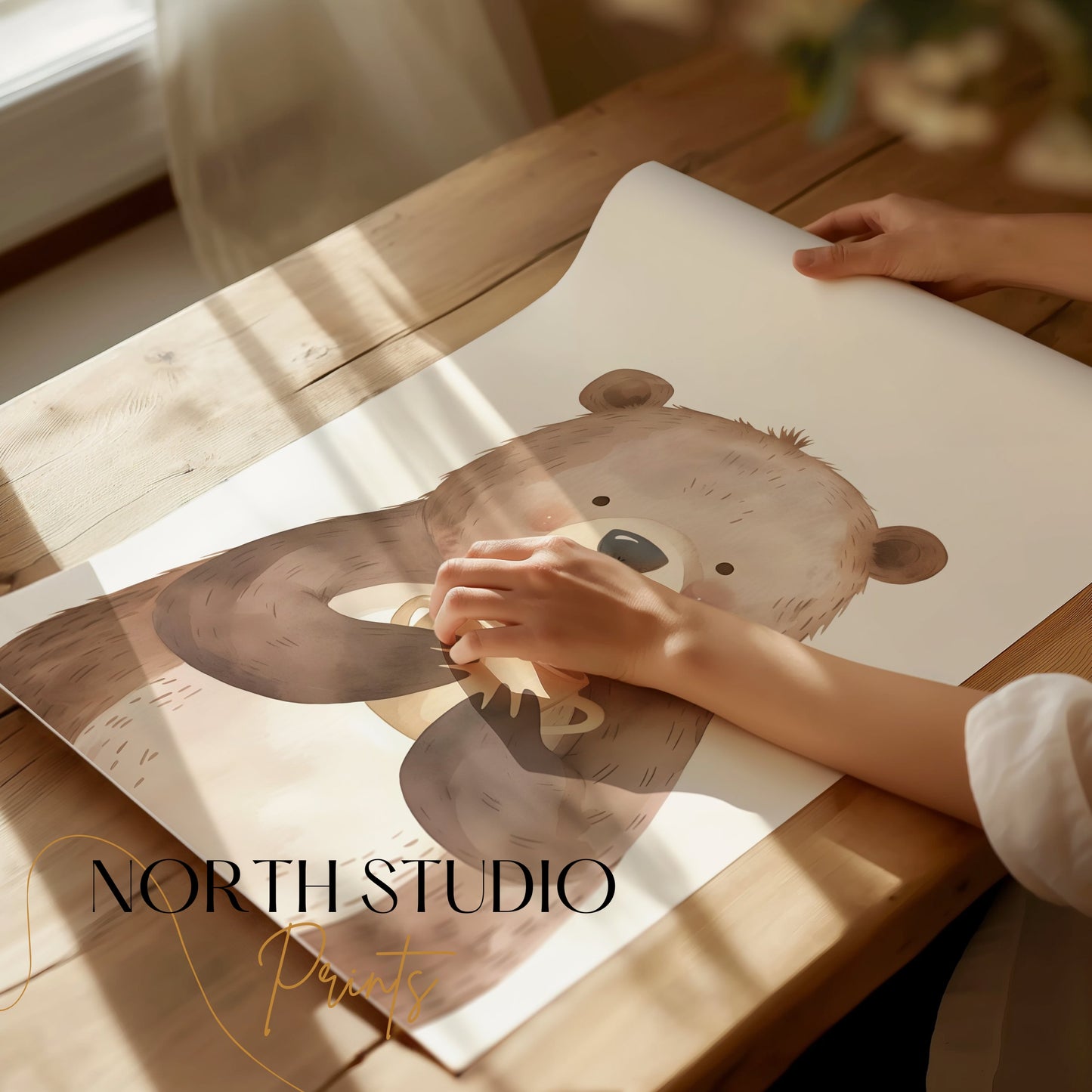 Premium Poster of Adorable Bear Holding a Cup Illustration Wall Art Posters