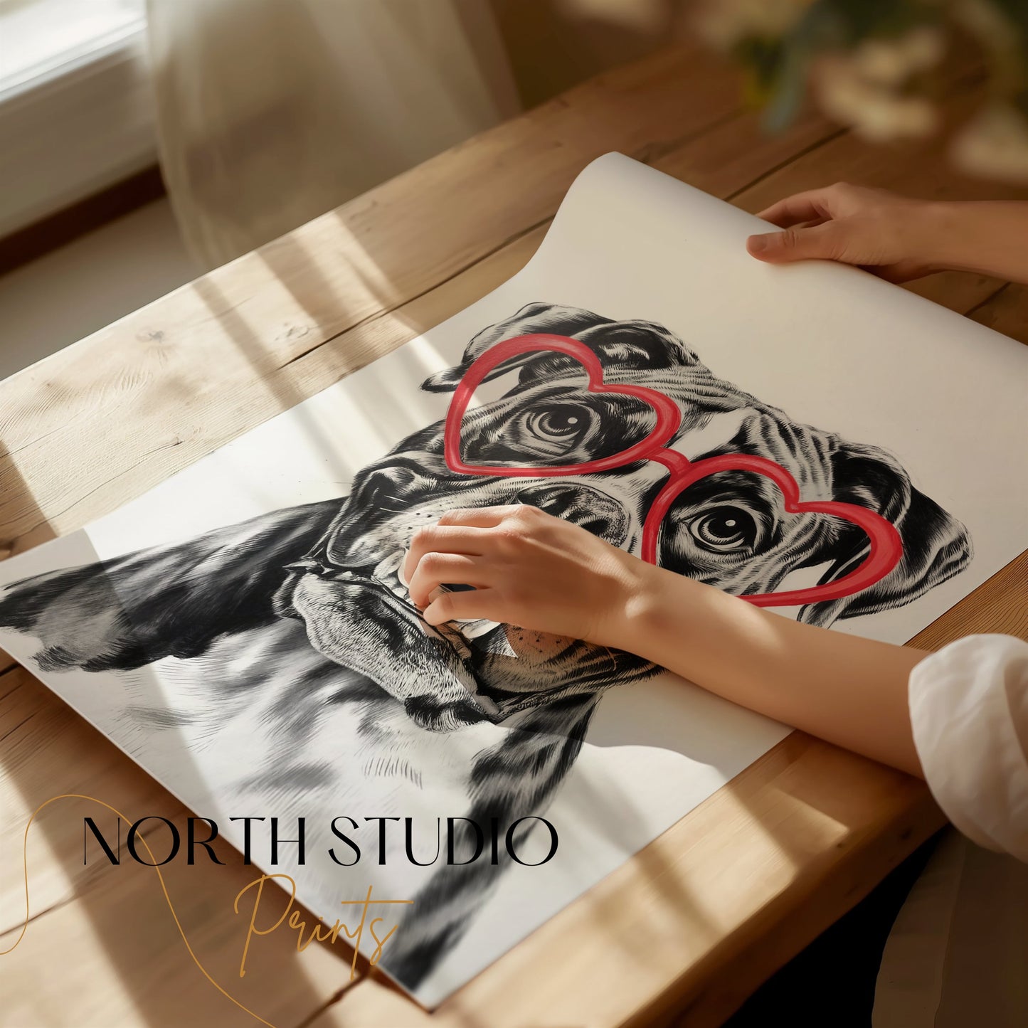 Premium Poster of Adorable Boxer Dog with Red Heart Glasses Posters