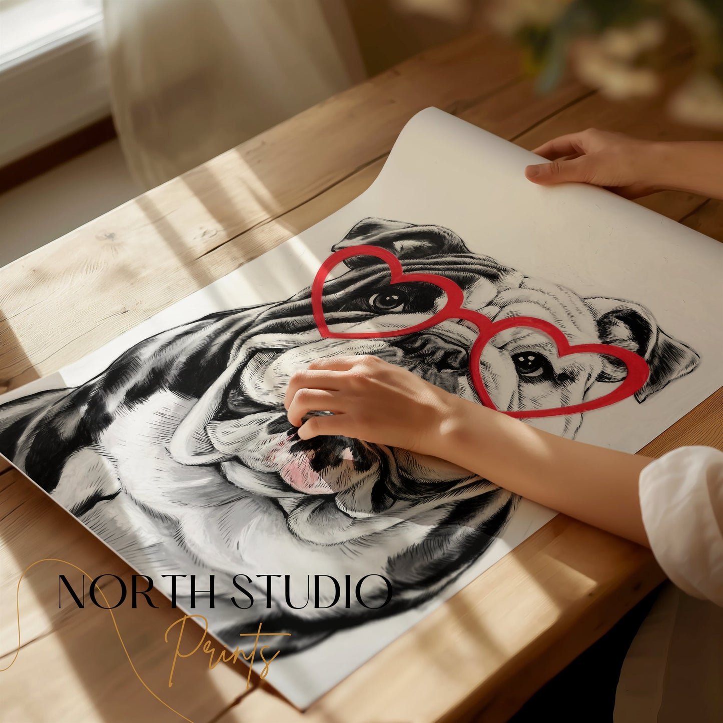 Premium Poster of Adorable Bulldog with Heart Glasses Wall Art Posters
