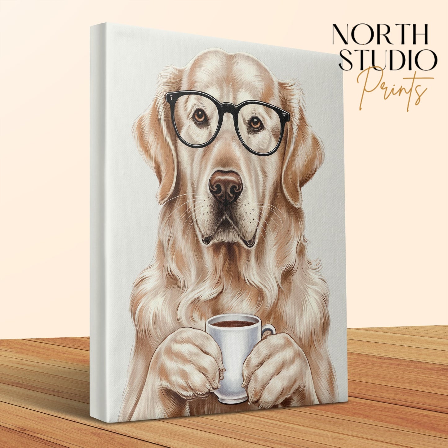 Premium Poster of Adorable Golden Retriever With Glasses and Coffee Canvas Wraps