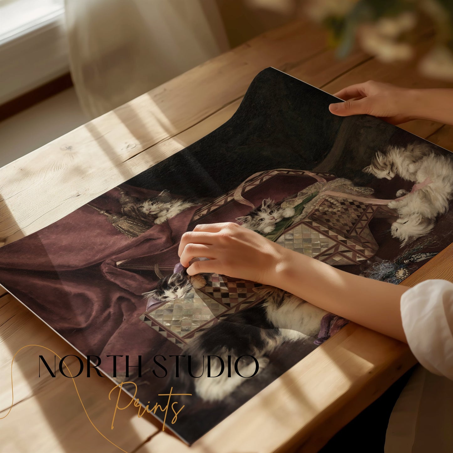 Premium Poster of Adorable Kittens Playing Near an Ornate Chest Posters