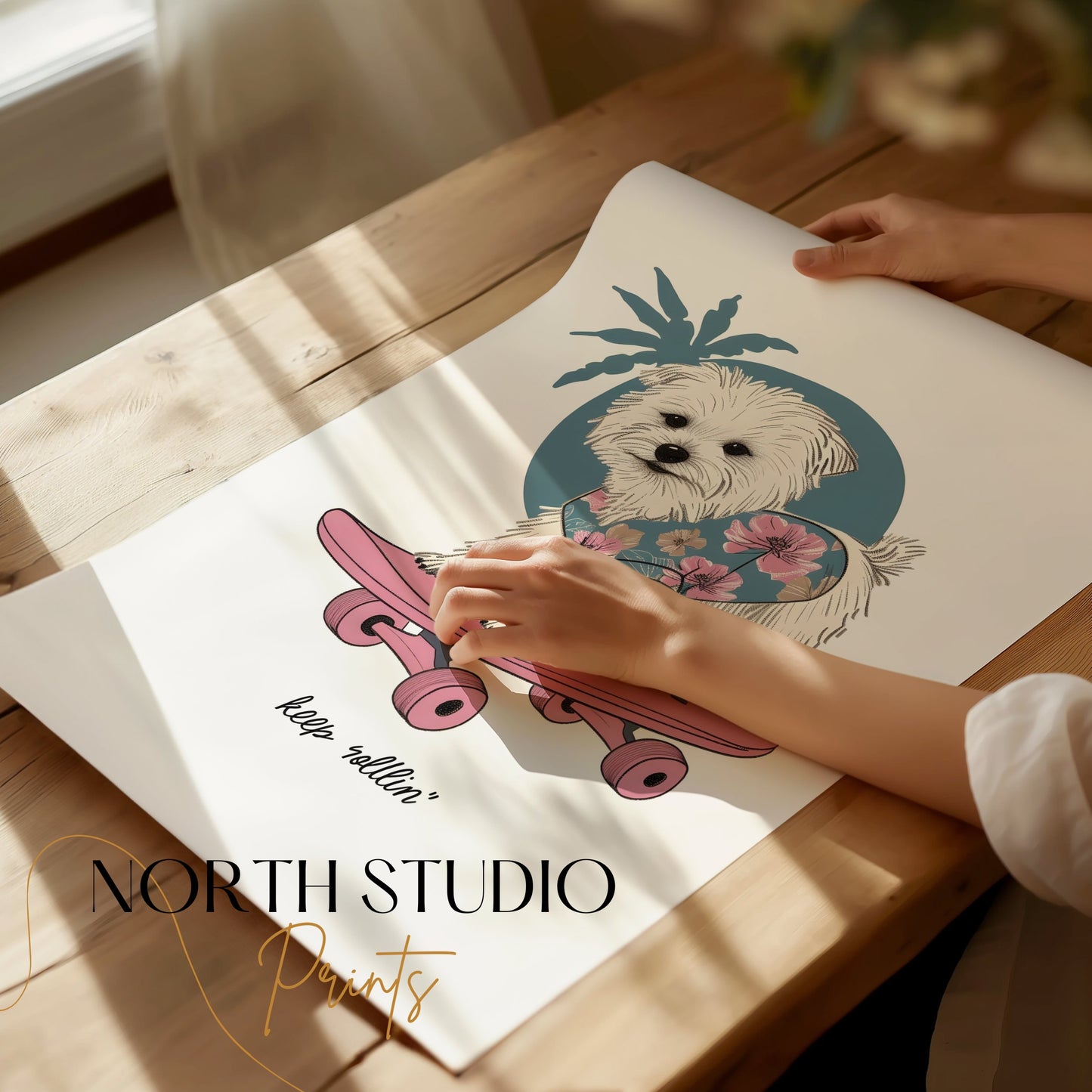 Premium Poster of Adorable Puppy on Skateboard with Floral Design Posters