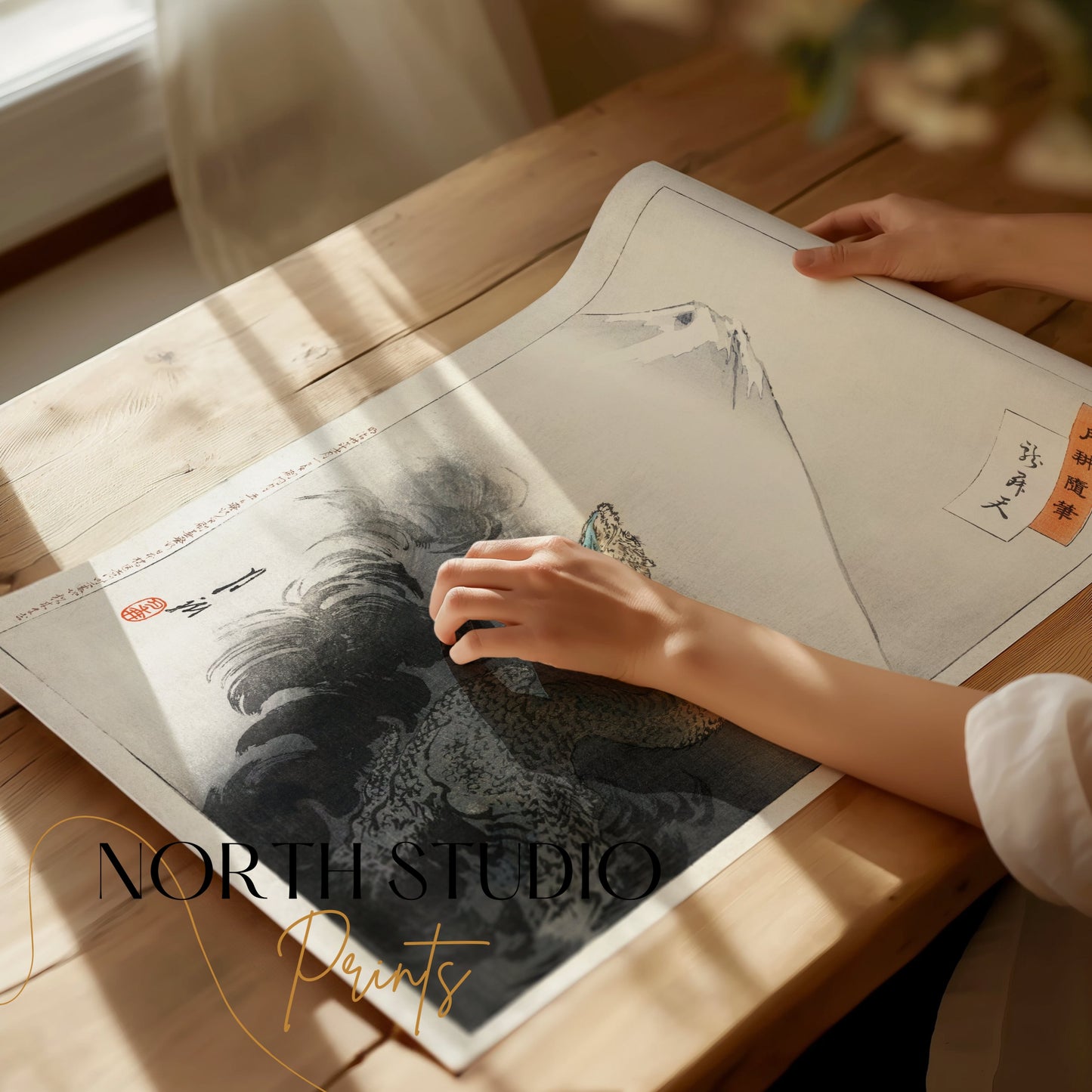 Premium Poster of Ancient Japanese Dragon with Mountain Scenery Posters