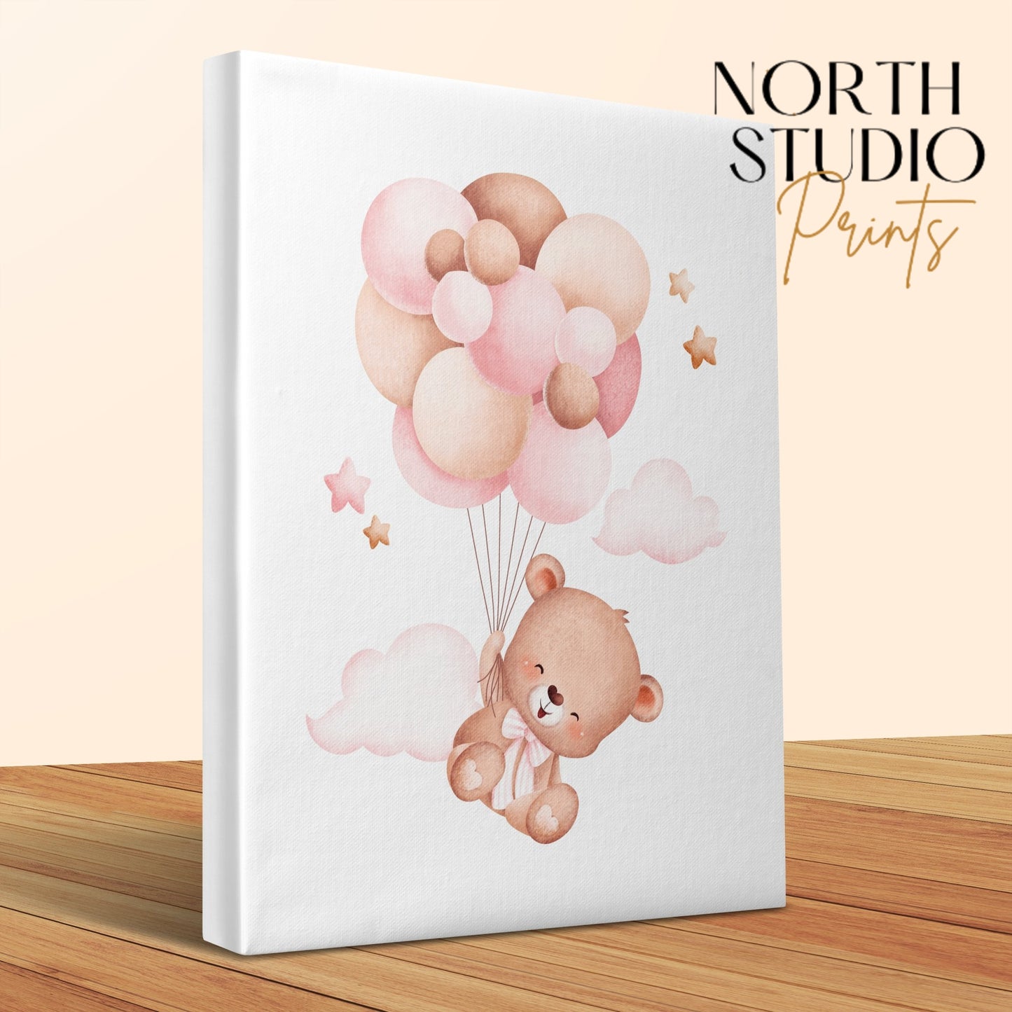 Premium Poster of Bear Holding Balloons Nursery Wall Art Canvas Wraps