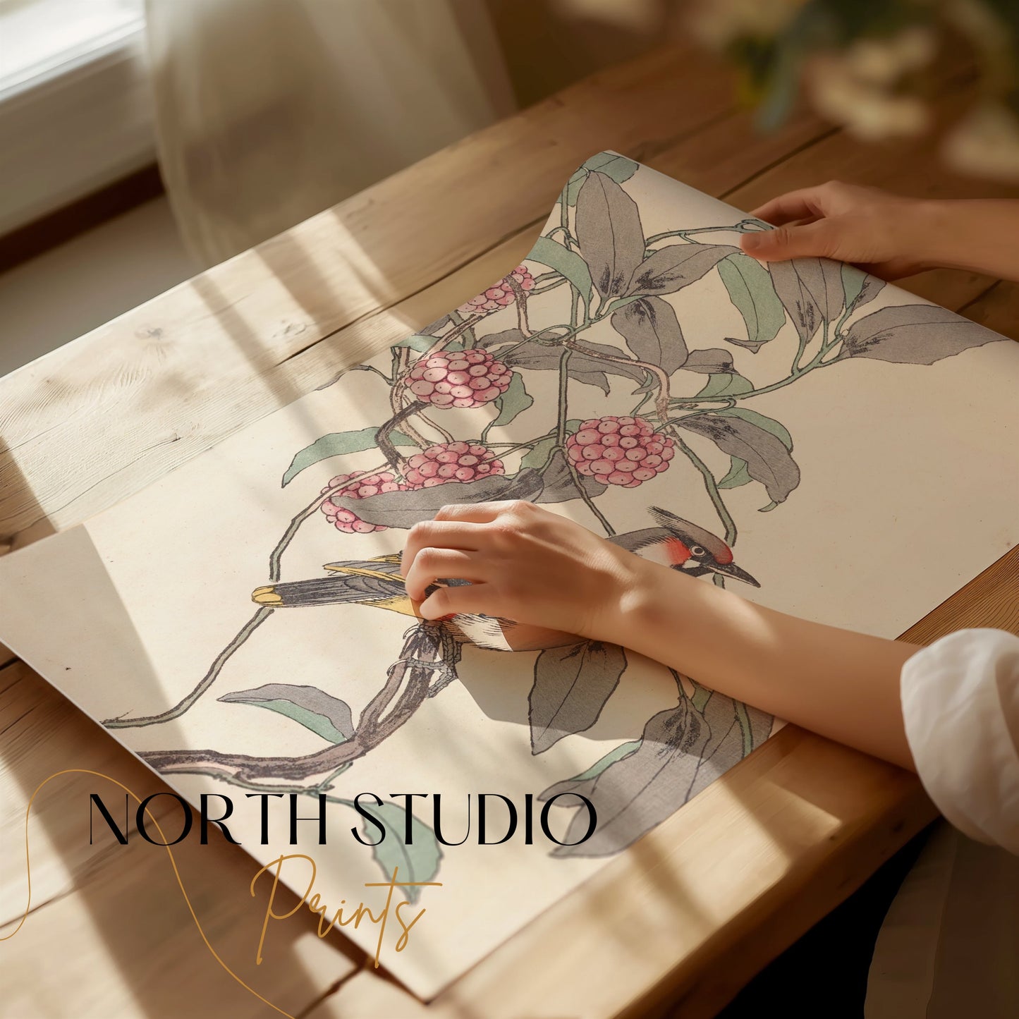 Premium Poster of Beautiful Bird and Berries Japanese Art Style Posters