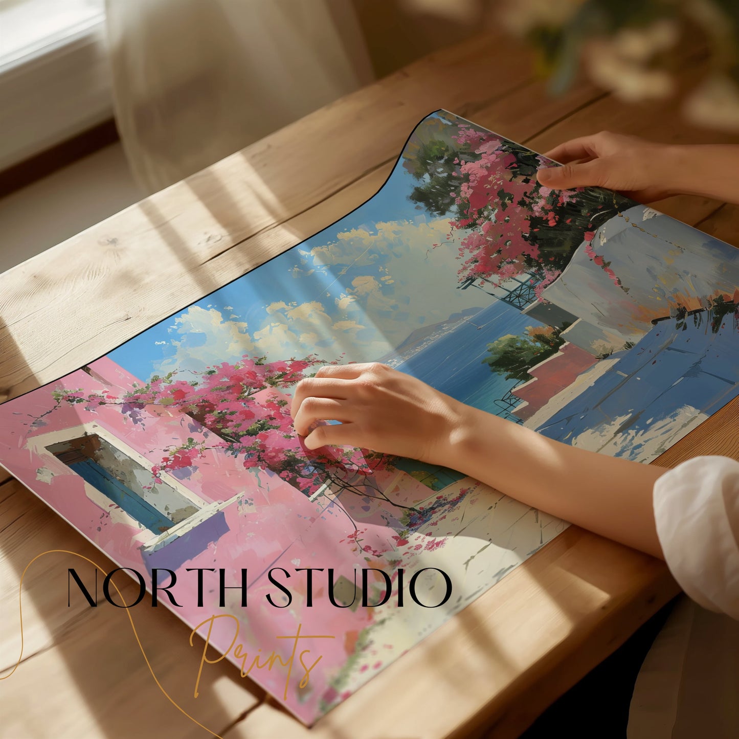 Premium Poster of Beautiful Coastal Scene with Pink Flowers Art Print Posters