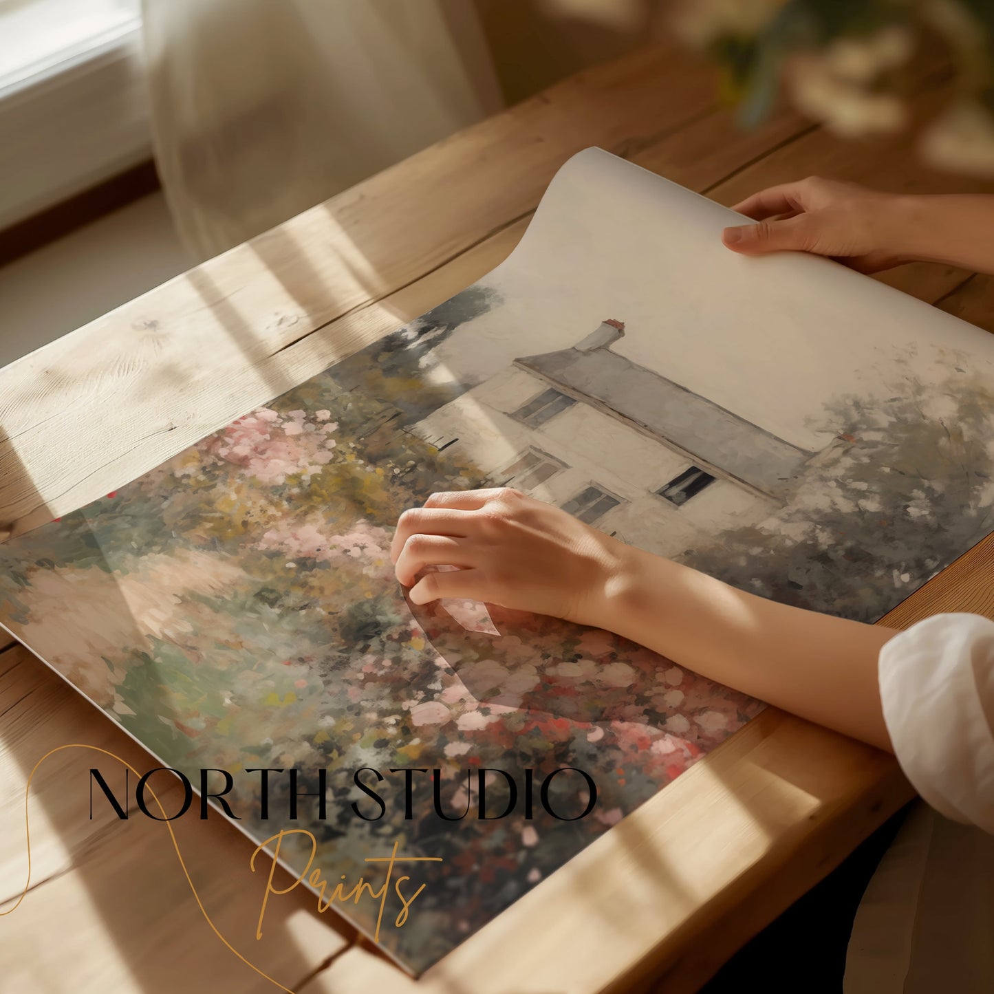 Premium Poster of Beautiful Cottage with Pink Flowers Landscape Posters