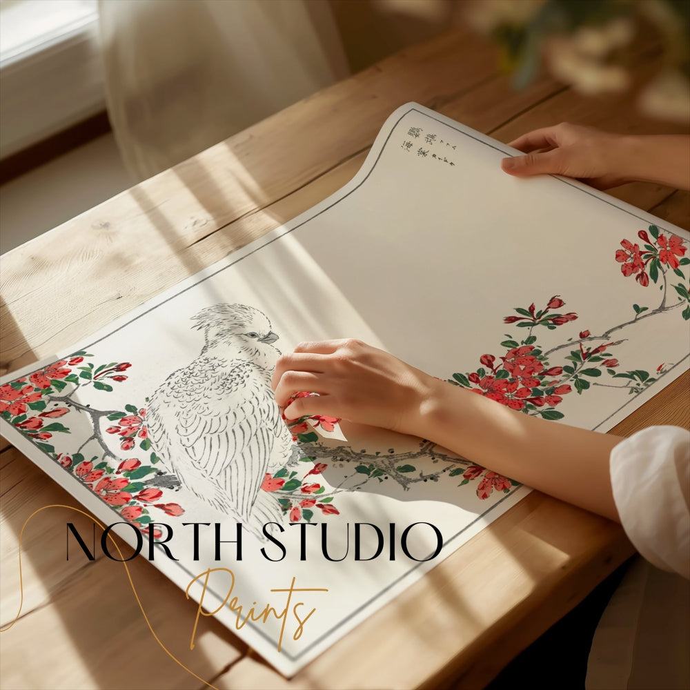 Premium Poster of Beautiful Japanese Bird on Floral Branch Art Posters