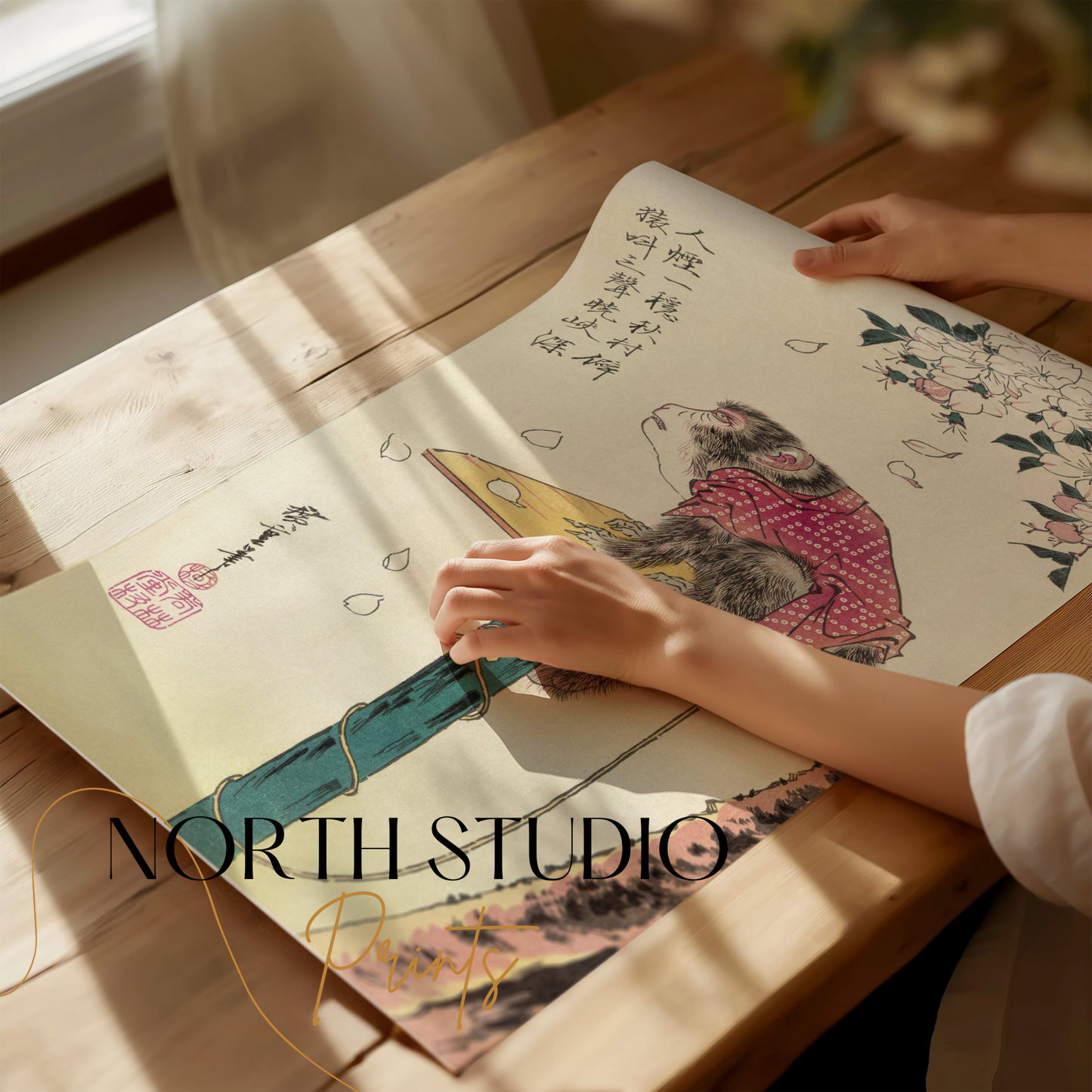 Premium Poster of Beautiful Monkey Sitting on Platform in Japanese Posters