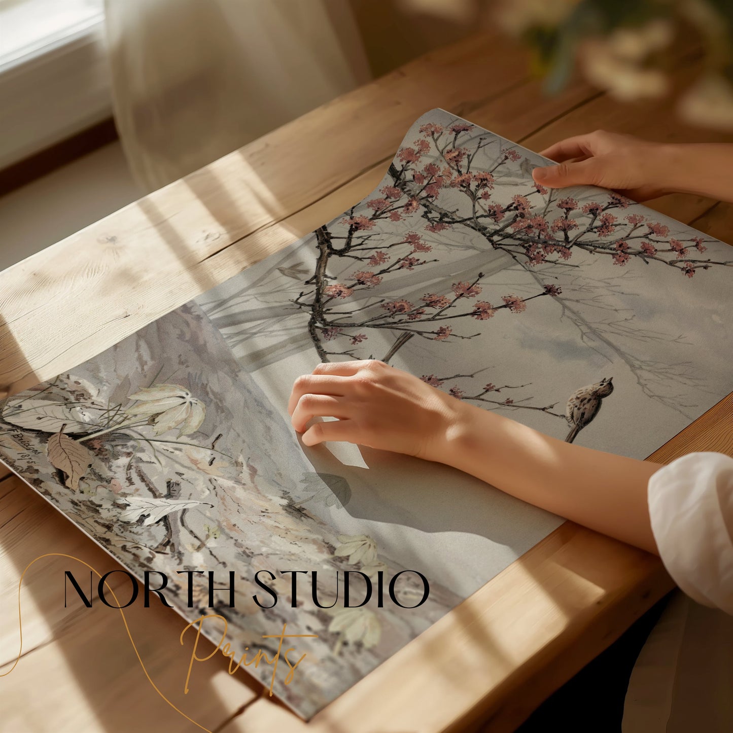 Premium Poster of Beautiful Spring Art with Birds and Flowers Posters