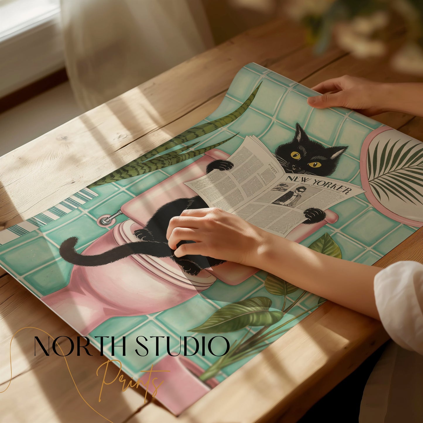 Premium Poster of Black Cat Reading Newspaper on Toilet Posters