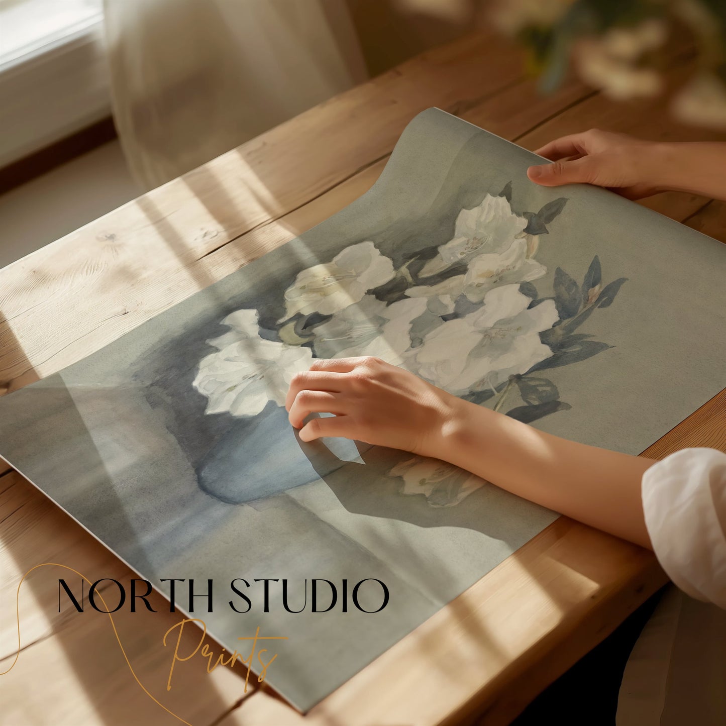 Premium Poster of Blue Vase with White Flowers Art Posters