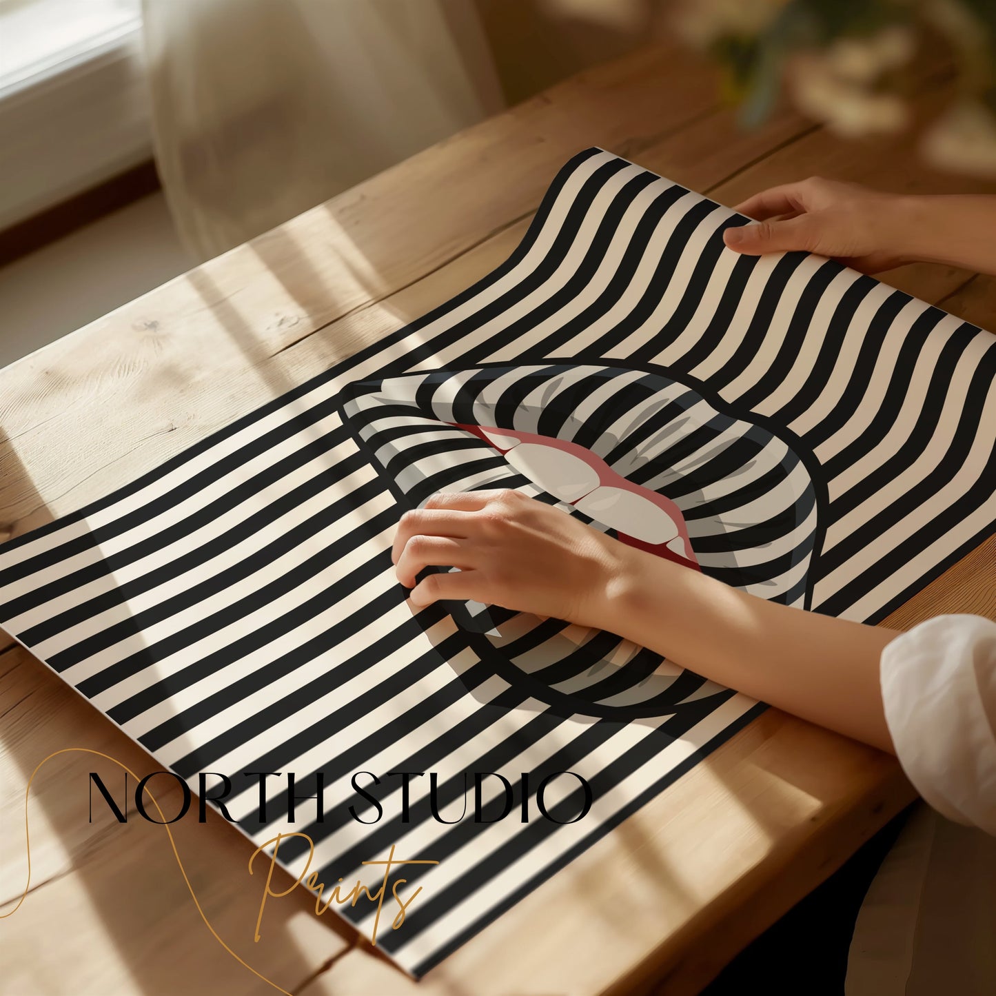 Premium Poster of Bold Striped Lips Art Vertical Black and White Posters