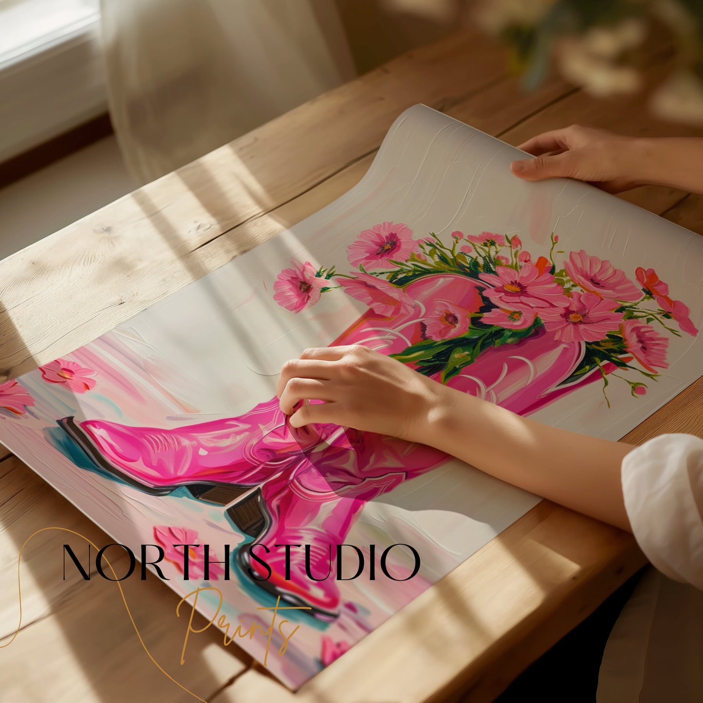Premium Poster of Bright Pink Boots with Flowers Decorative Posters