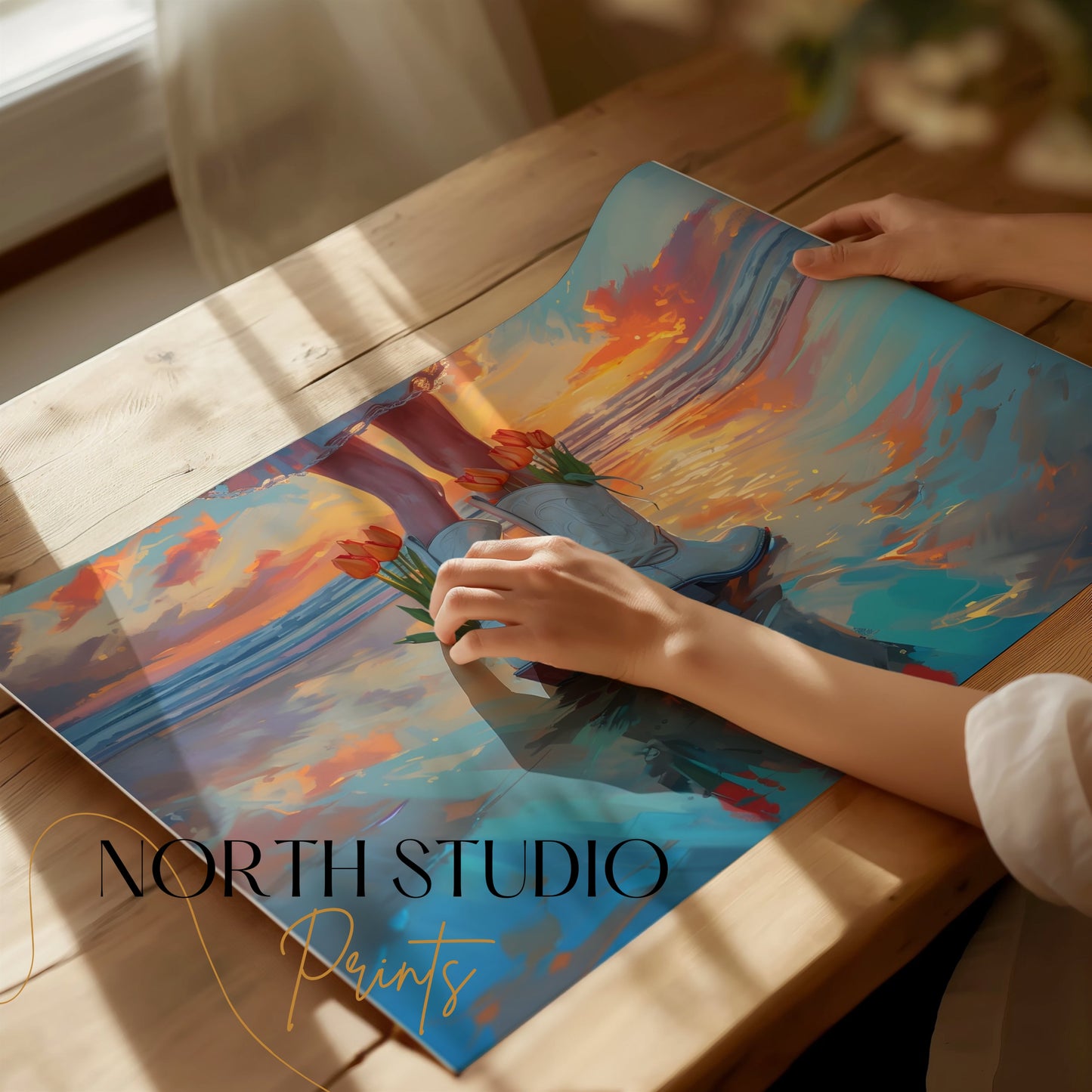 Premium Poster of Captivating Sunset Reflection with Tulips in Boots Posters