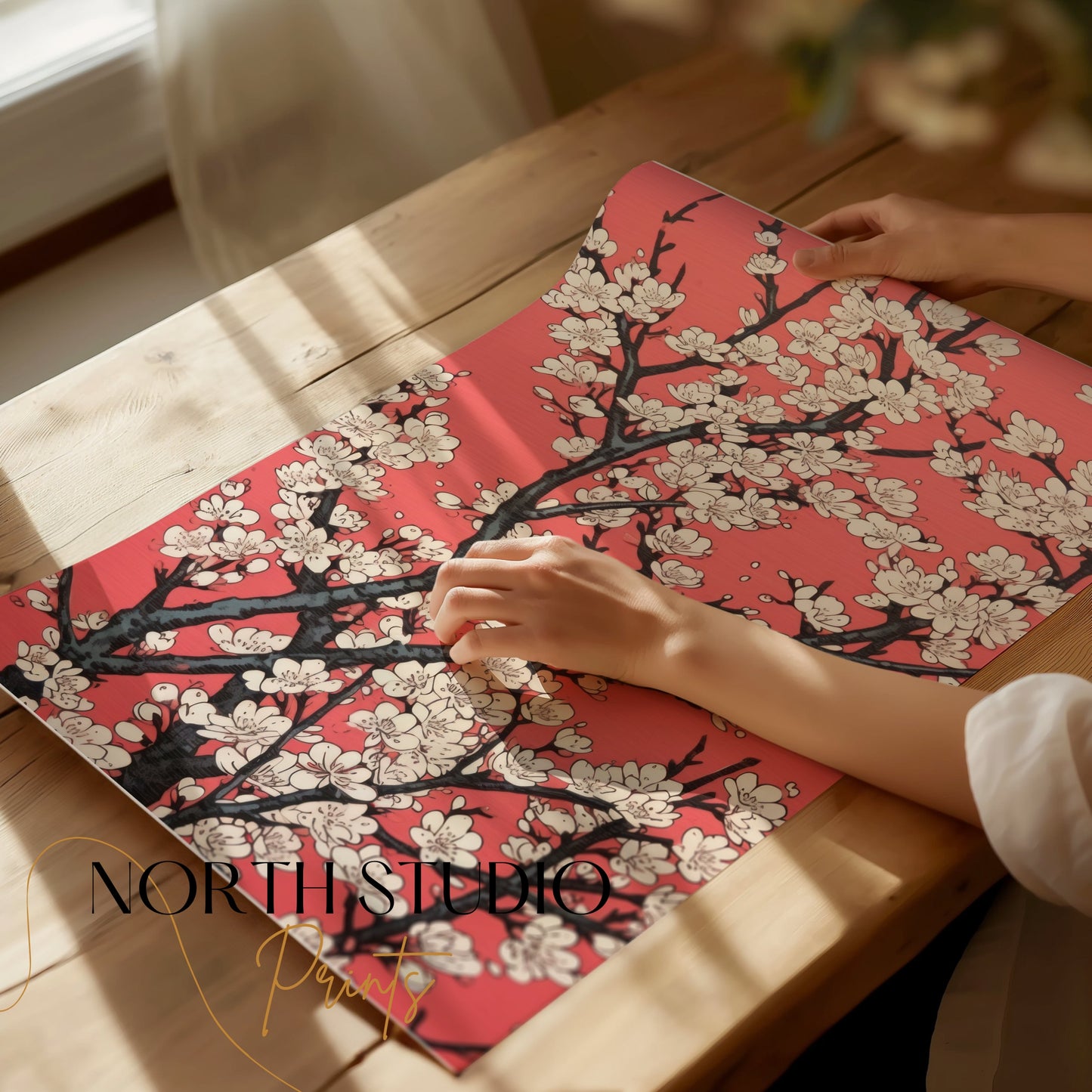 Premium Poster of Cherry Blossoms Abstract Art on Red Background Posters
