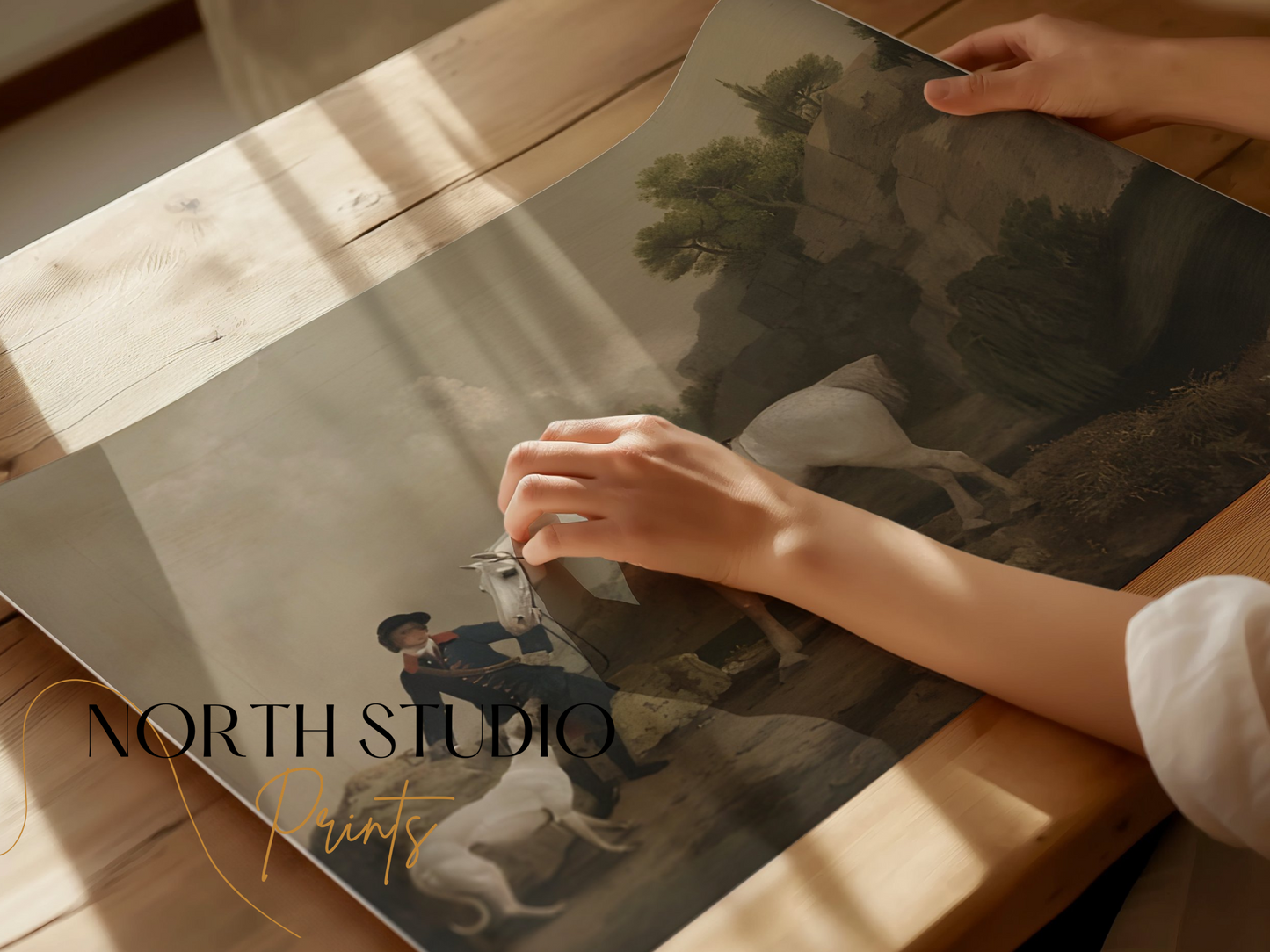 Premium Poster of Classic Equestrian Scene with White Horse and Dog Posters