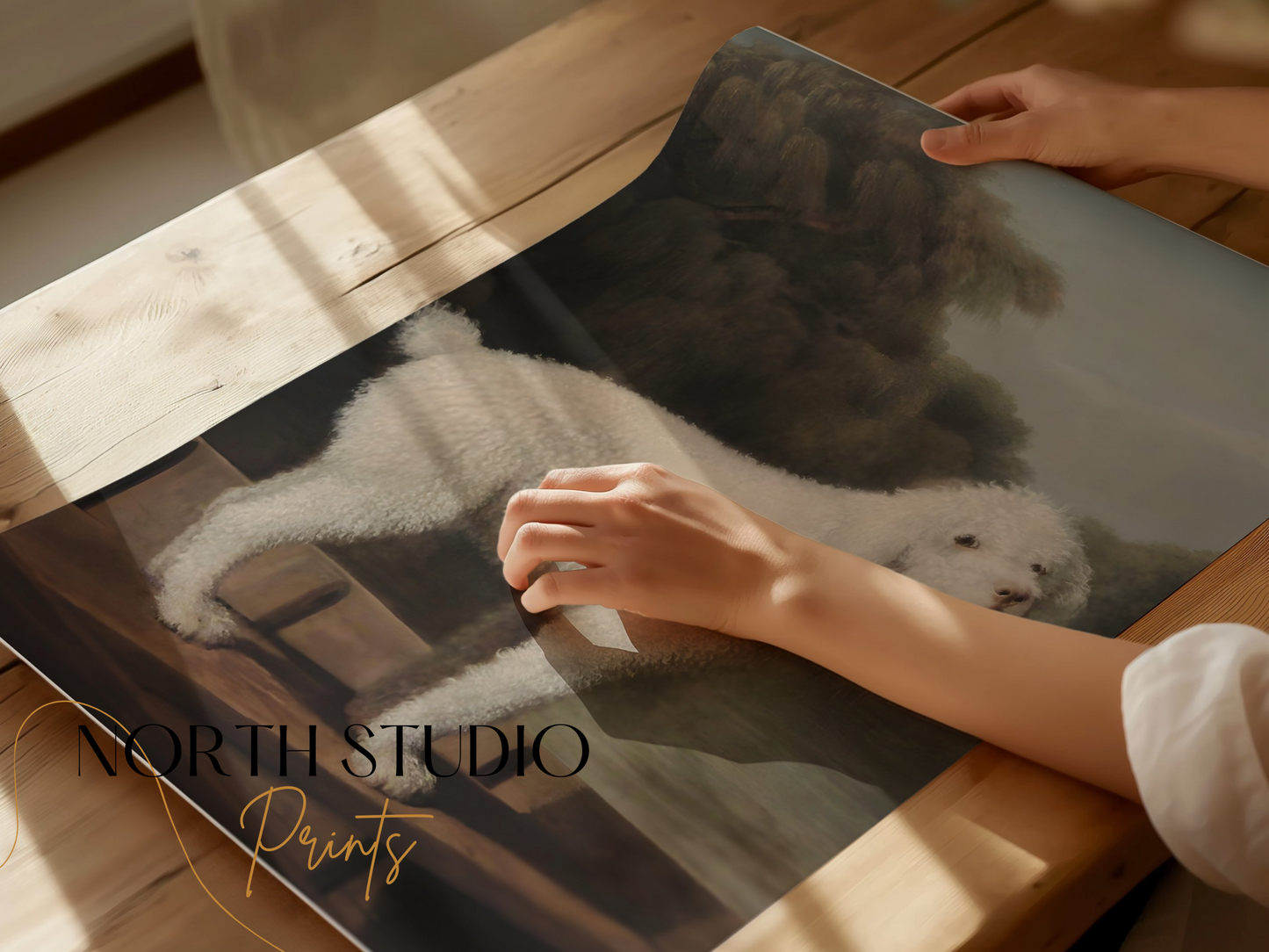 Premium Poster of Classical White Dog Art Scenic Background Posters