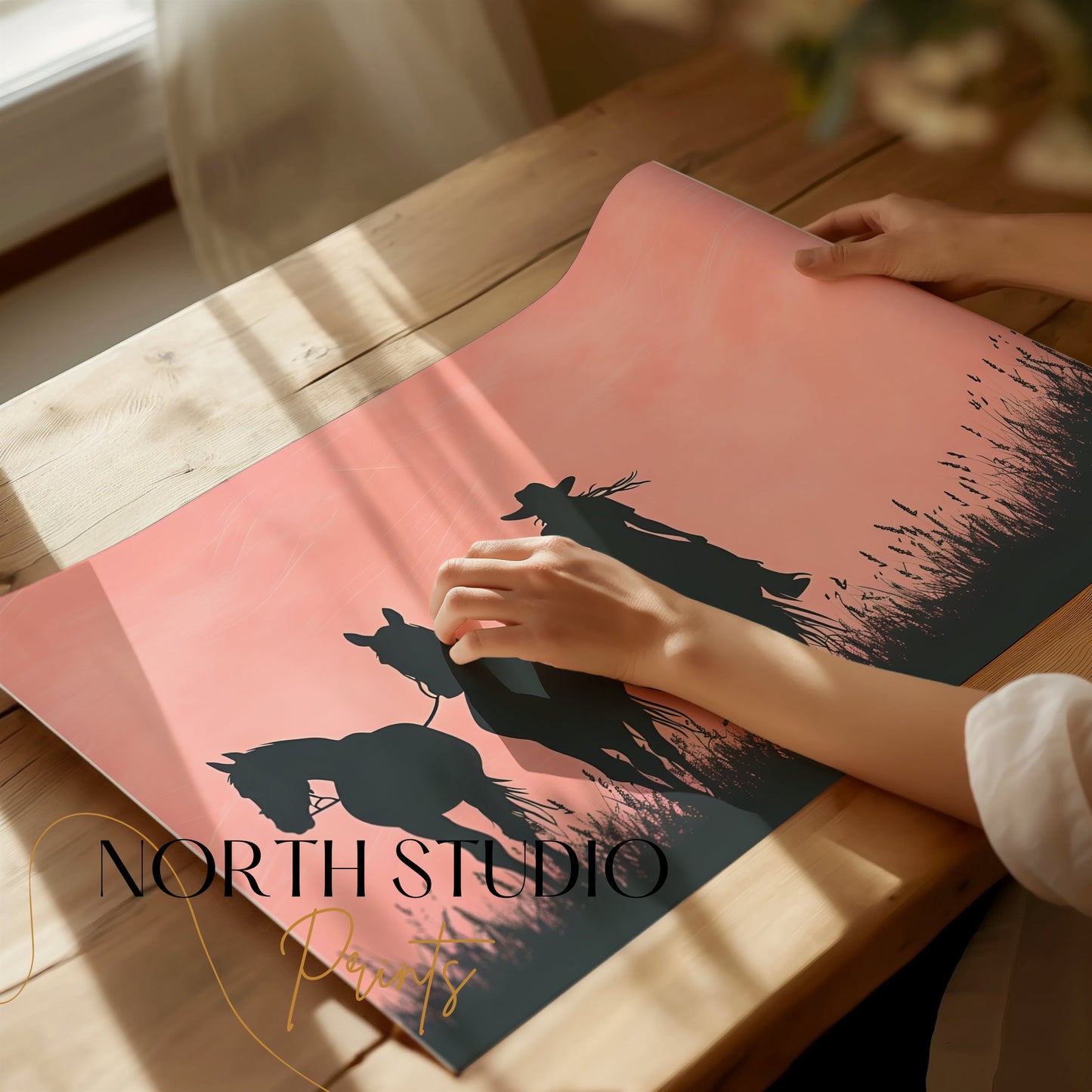 Premium Poster of Cowboy Silhouette with Horses on Field Art Print Posters