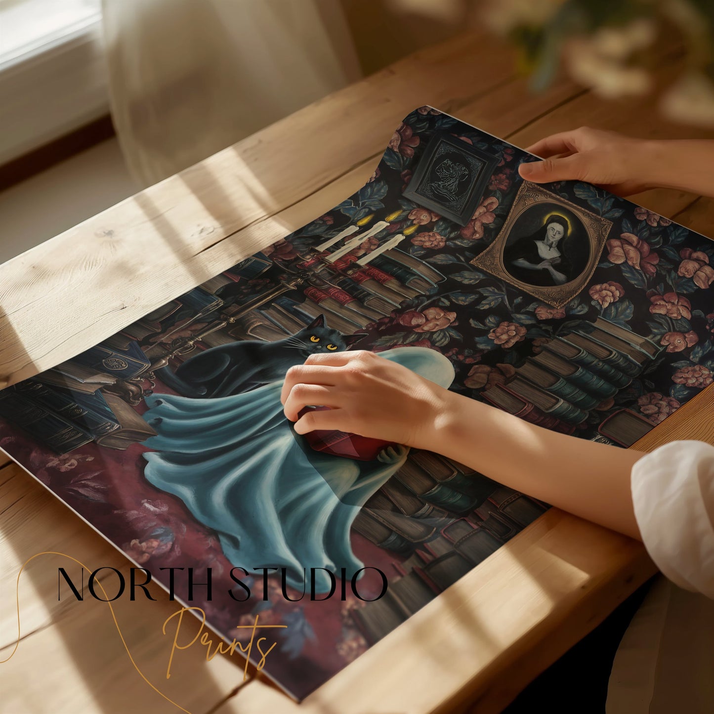 Premium Poster of Cozy Ghost Reading with Black Cat Posters