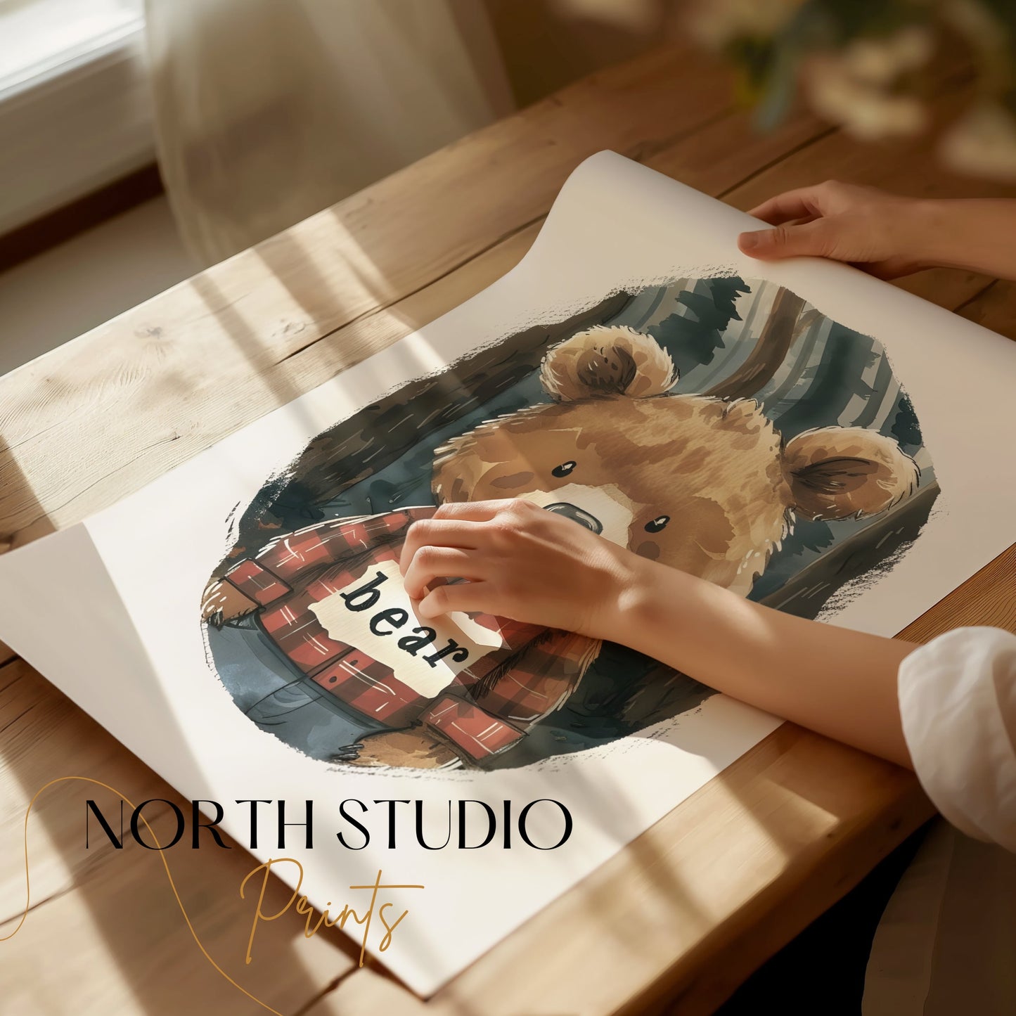 Premium Poster of Cute Bear in Plaid Shirt in Forest Illustration Posters