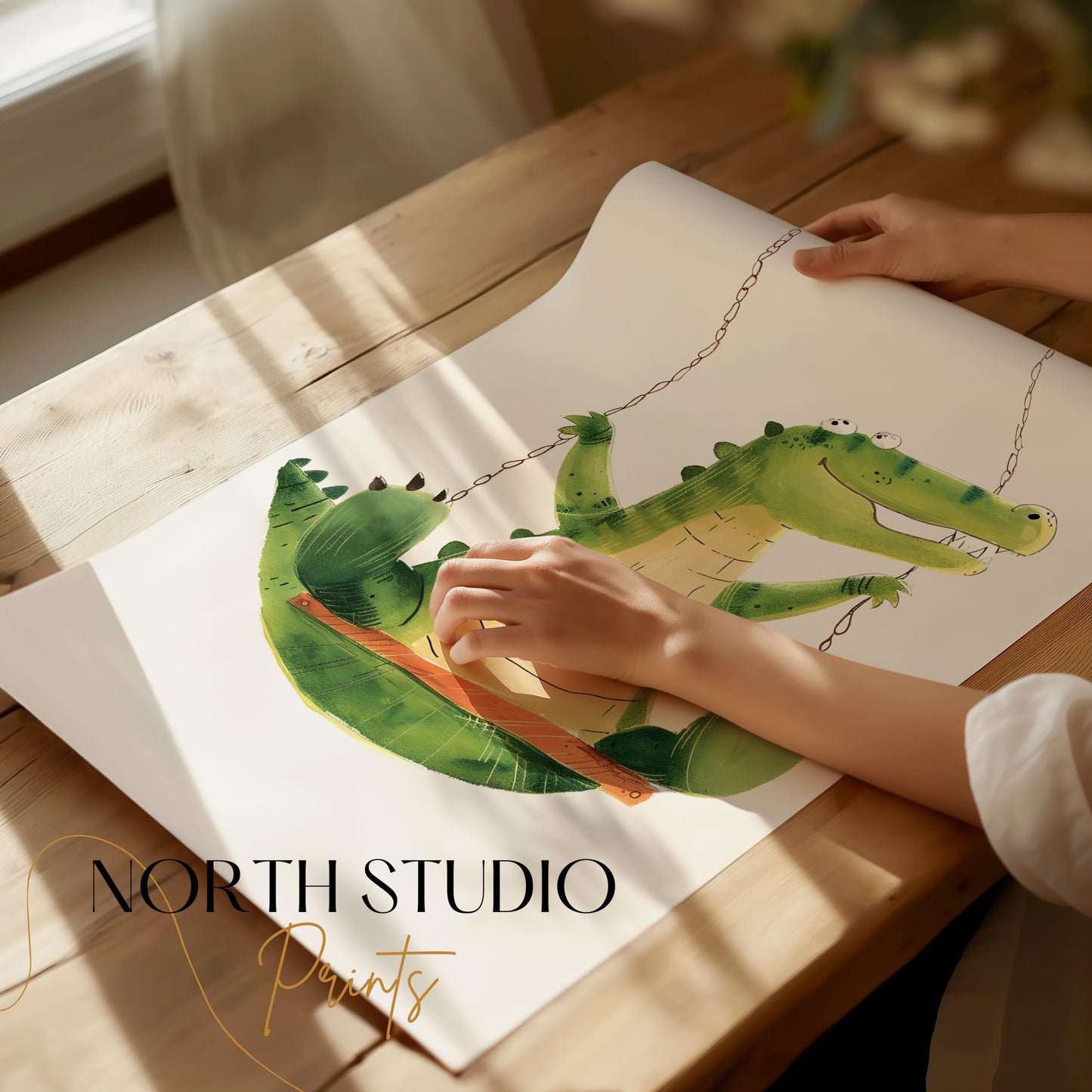 Premium Poster of Cute Crocodile Swinging Happy Kids Room Art Posters