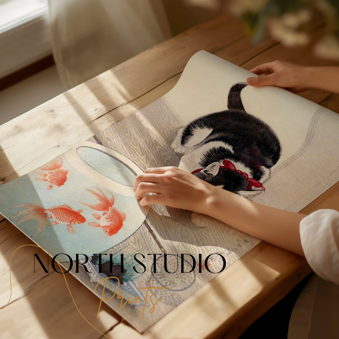 Premium Poster of Cute Kitten Staring at Fish Bowl Japanese Art Posters