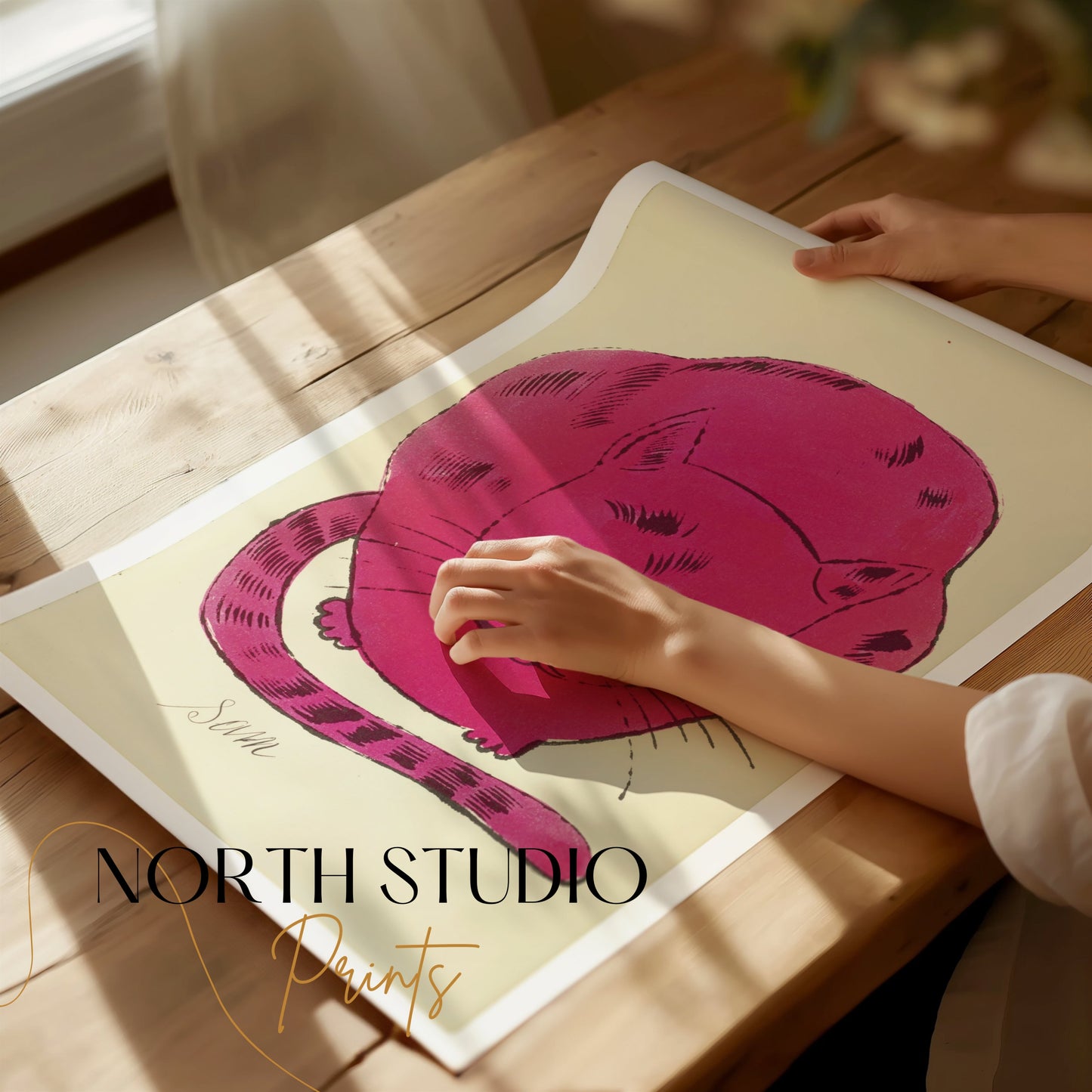 Premium Poster of Cute Pink Cat Illustration with Green Eyes Posters