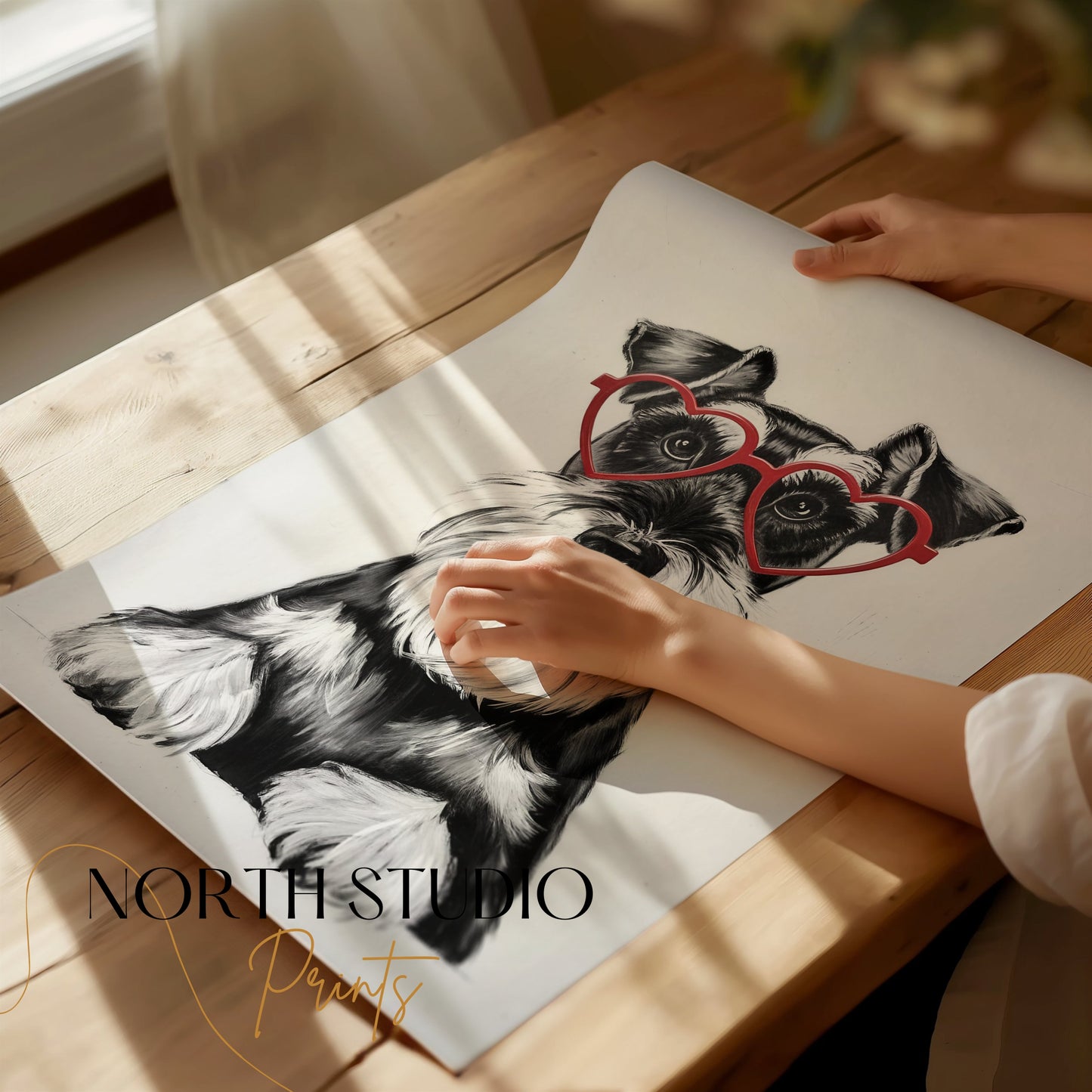 Premium Poster of Cute Schnauzer Puppy with Red Heart Glasses Posters