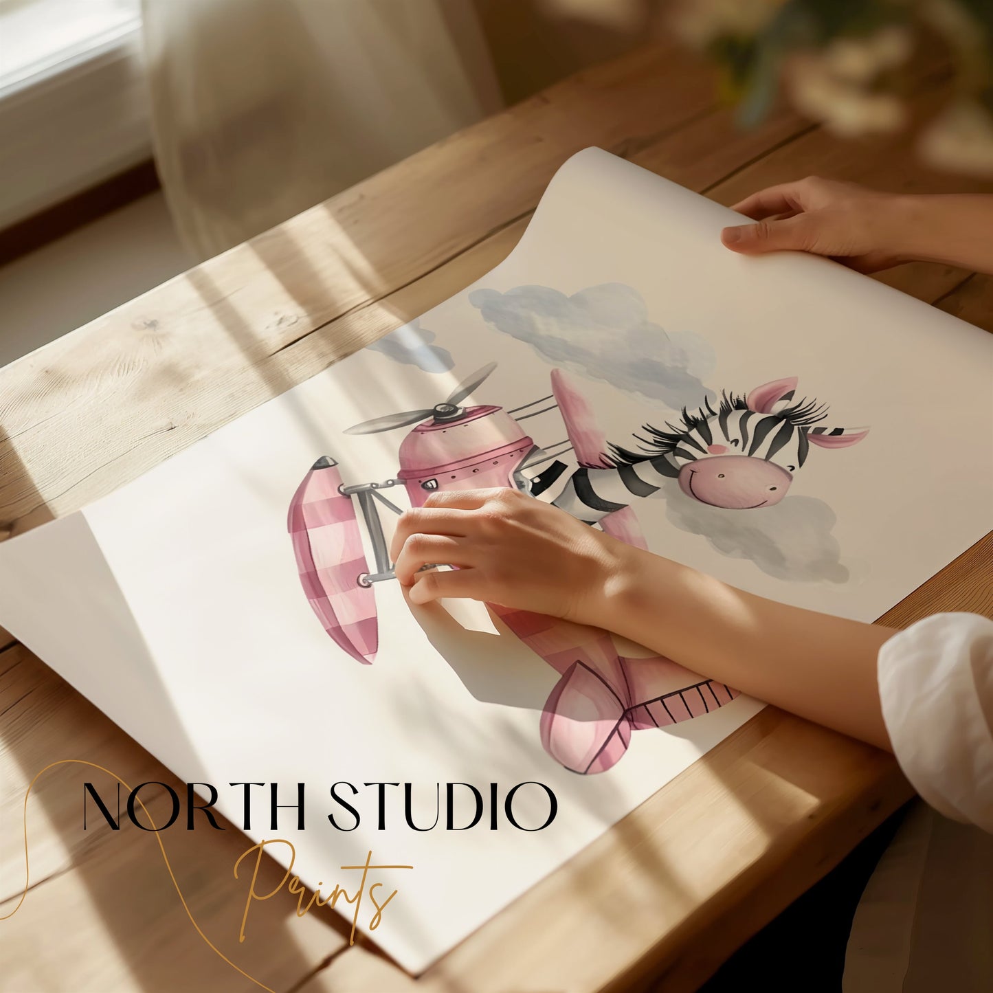 Premium Poster of Cute Zebra Flying Pink Airplane Artwork Posters