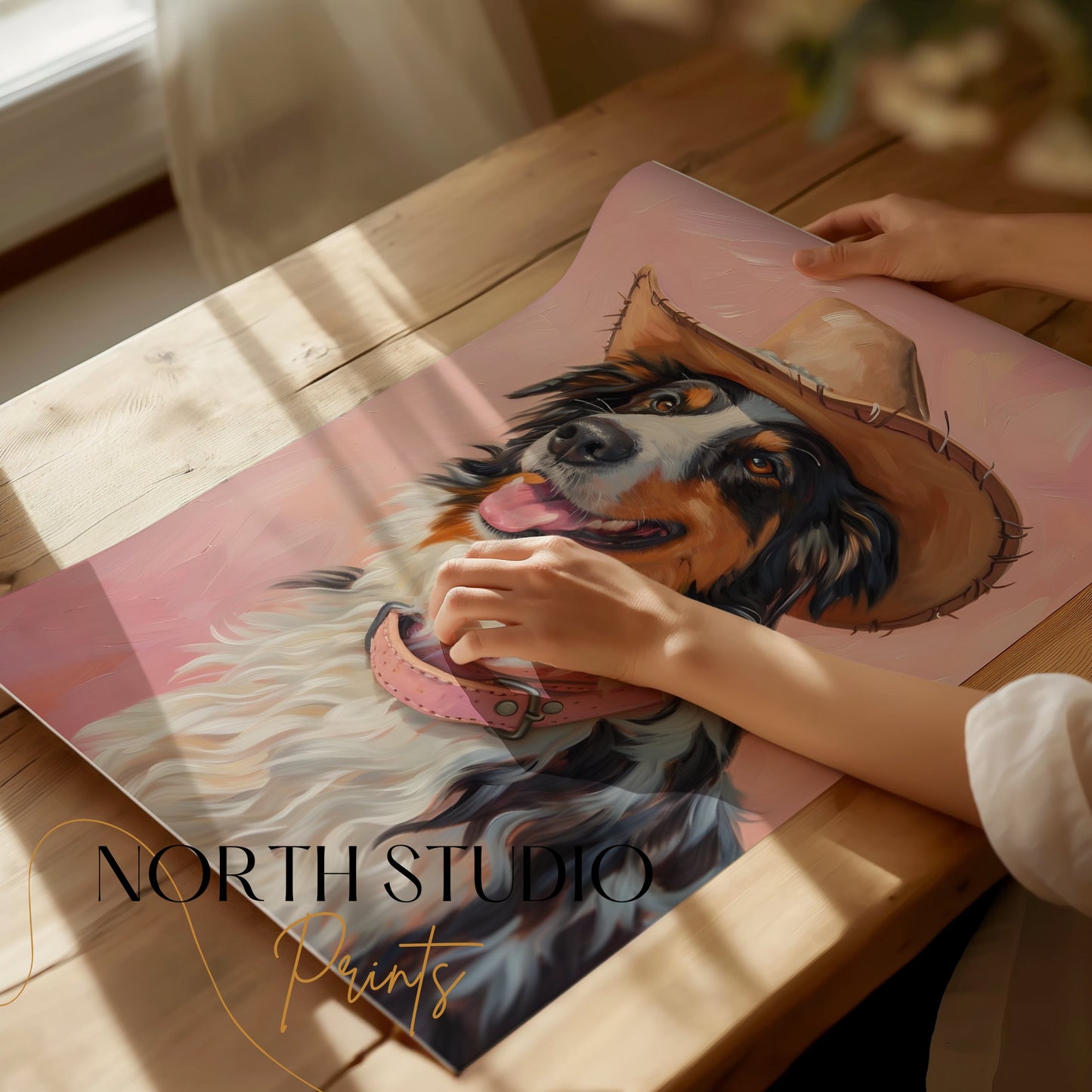 Premium Poster of Dog Wearing Cowboy Hat Pink Background Posters