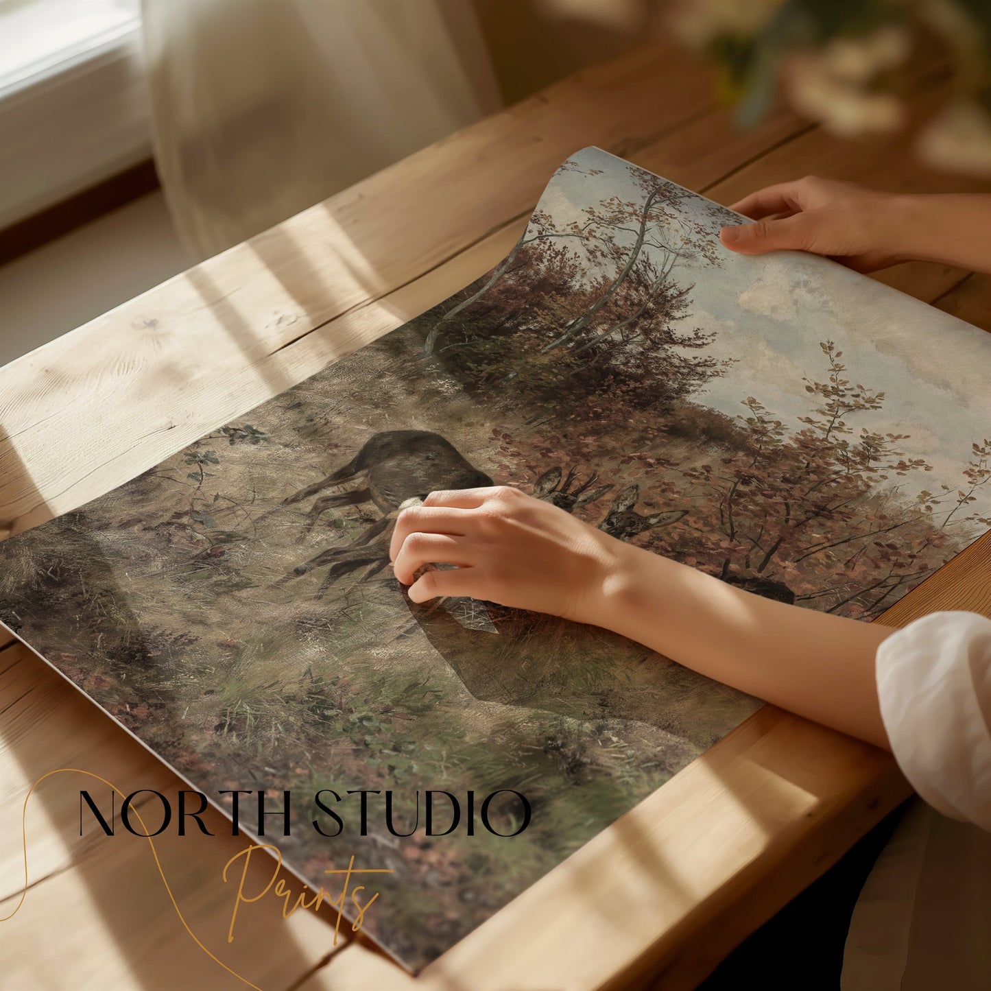 Premium Poster of Early Morning Deer Meet in Forest Art Print Posters