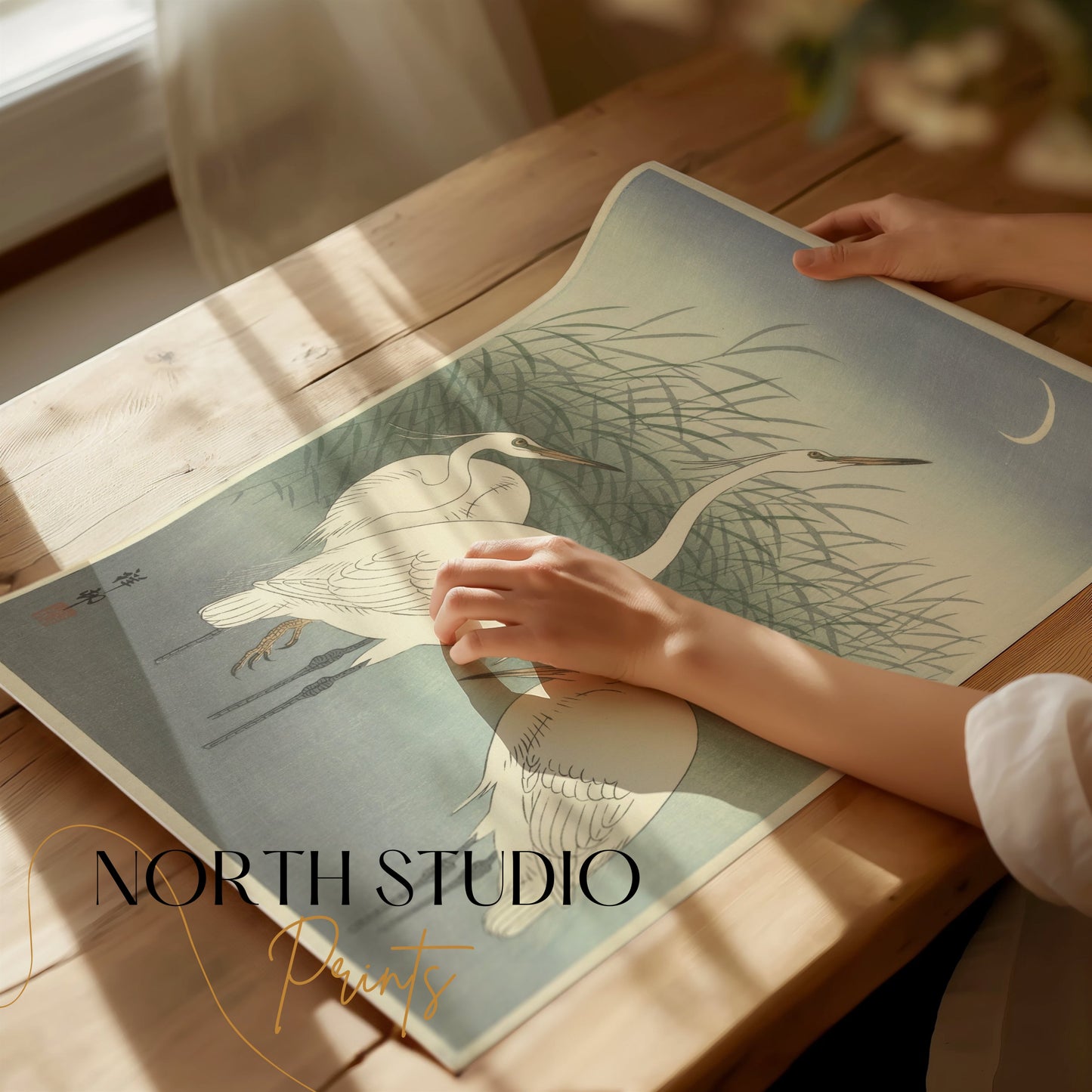 Premium Poster of Elegant Egrets under the Moonlit Sky Art Print Posters