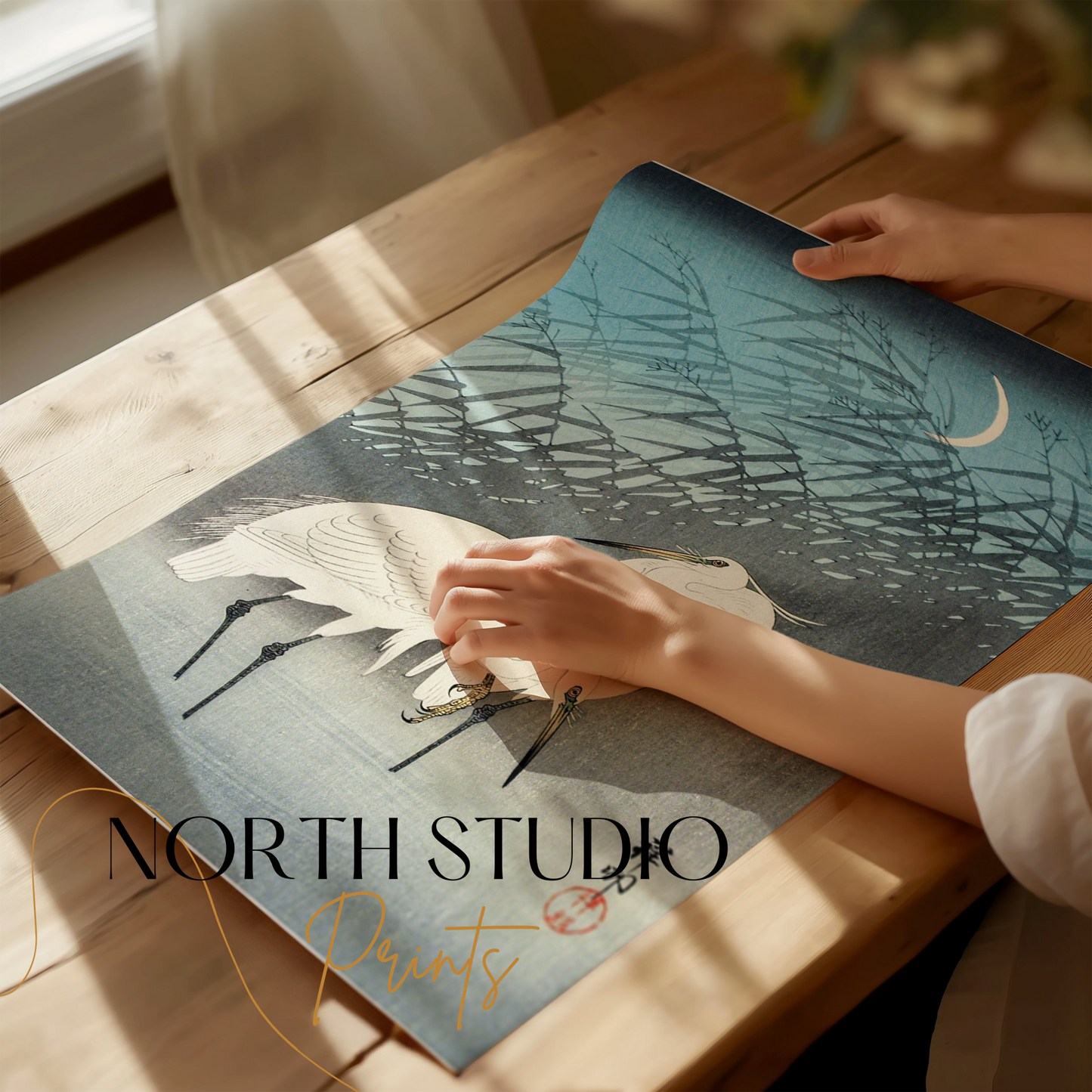 Premium Poster of Elegant Japanese Crane Crescent Moon Art Posters