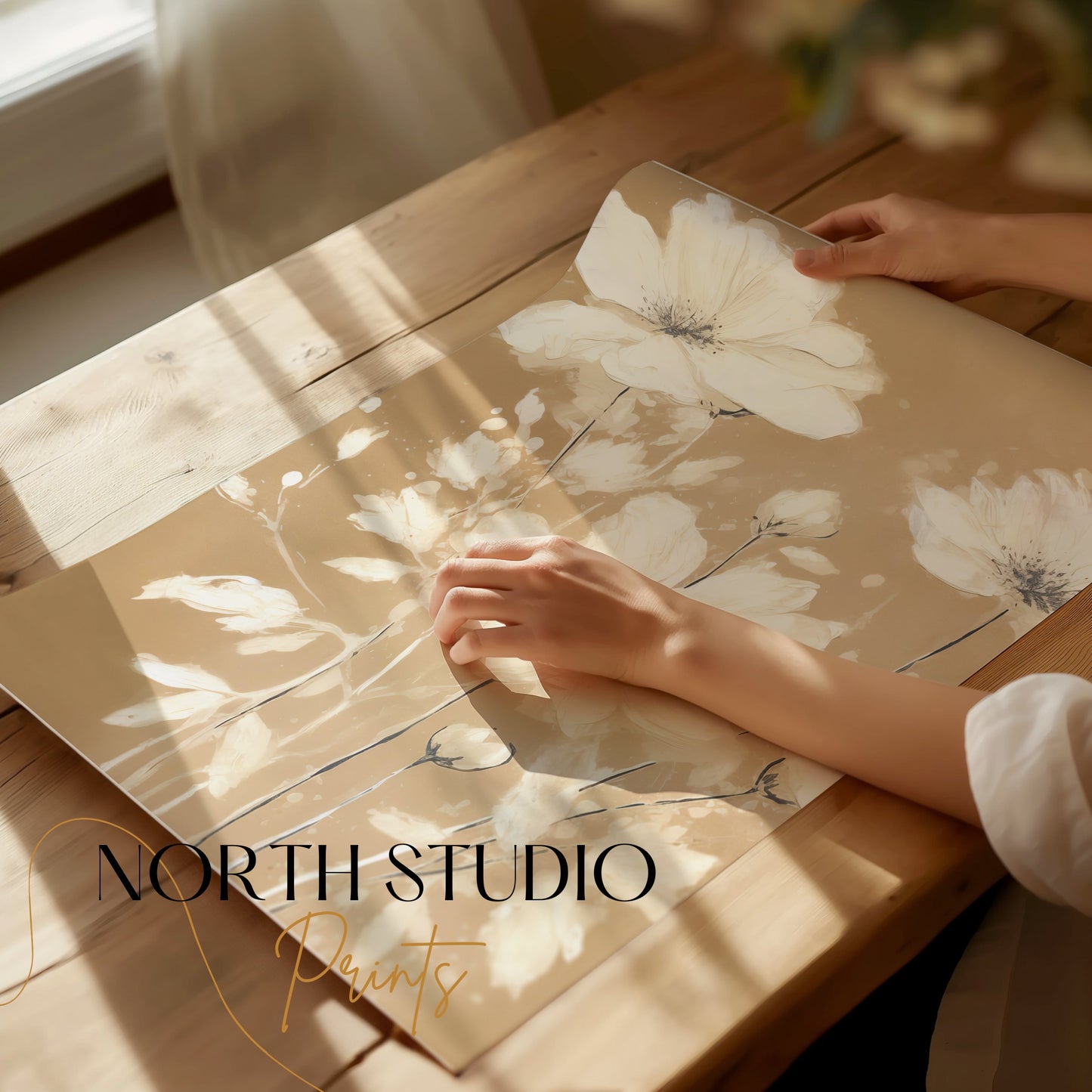 Premium Poster of Elegant White Floral Art on Golden Brown Background Posters