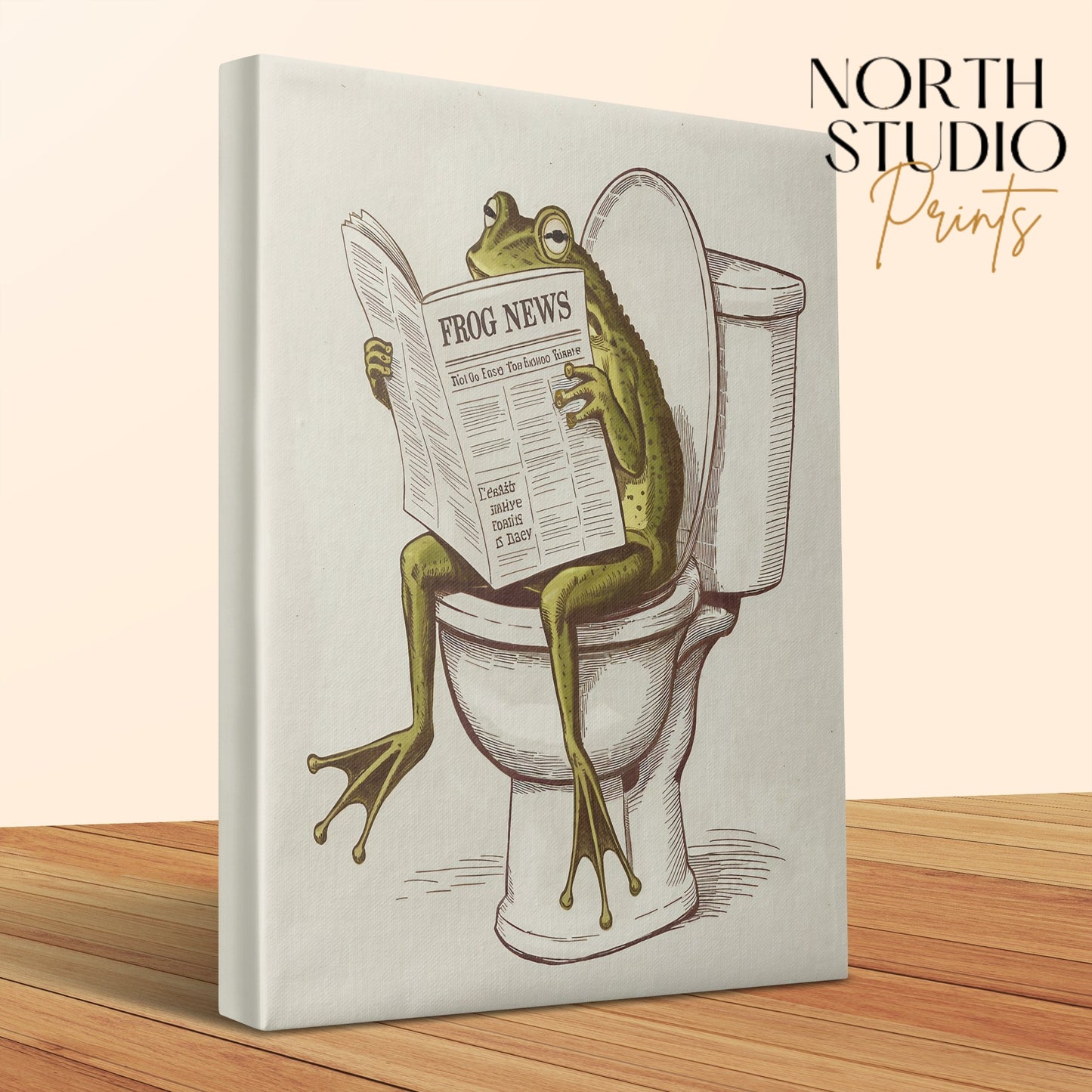 Canvas wrap with a whimsical frog reading a newspaper on a toilet, perfect for adding humor to any room's decor.