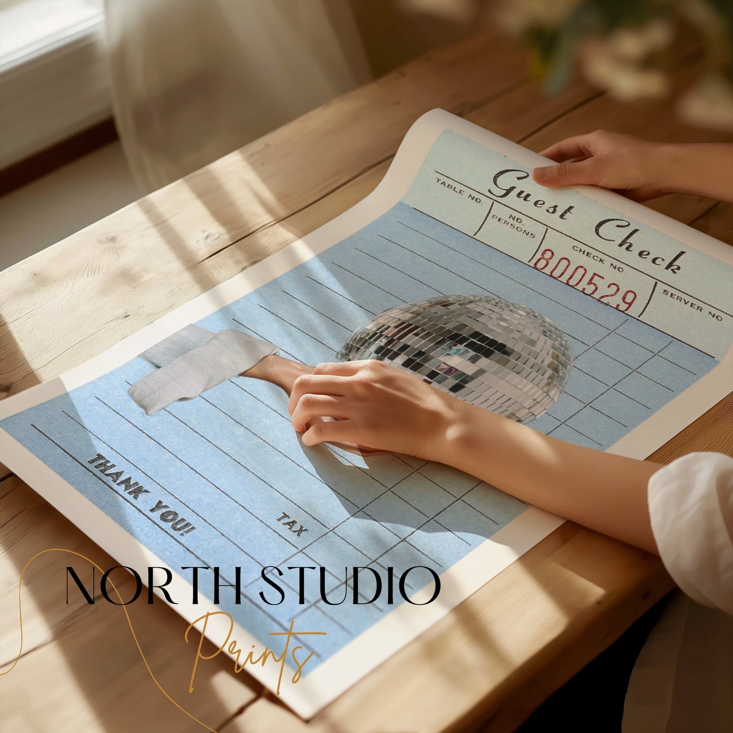 Premium Poster of Guest Check Art Hand Holding Disco Ball Posters