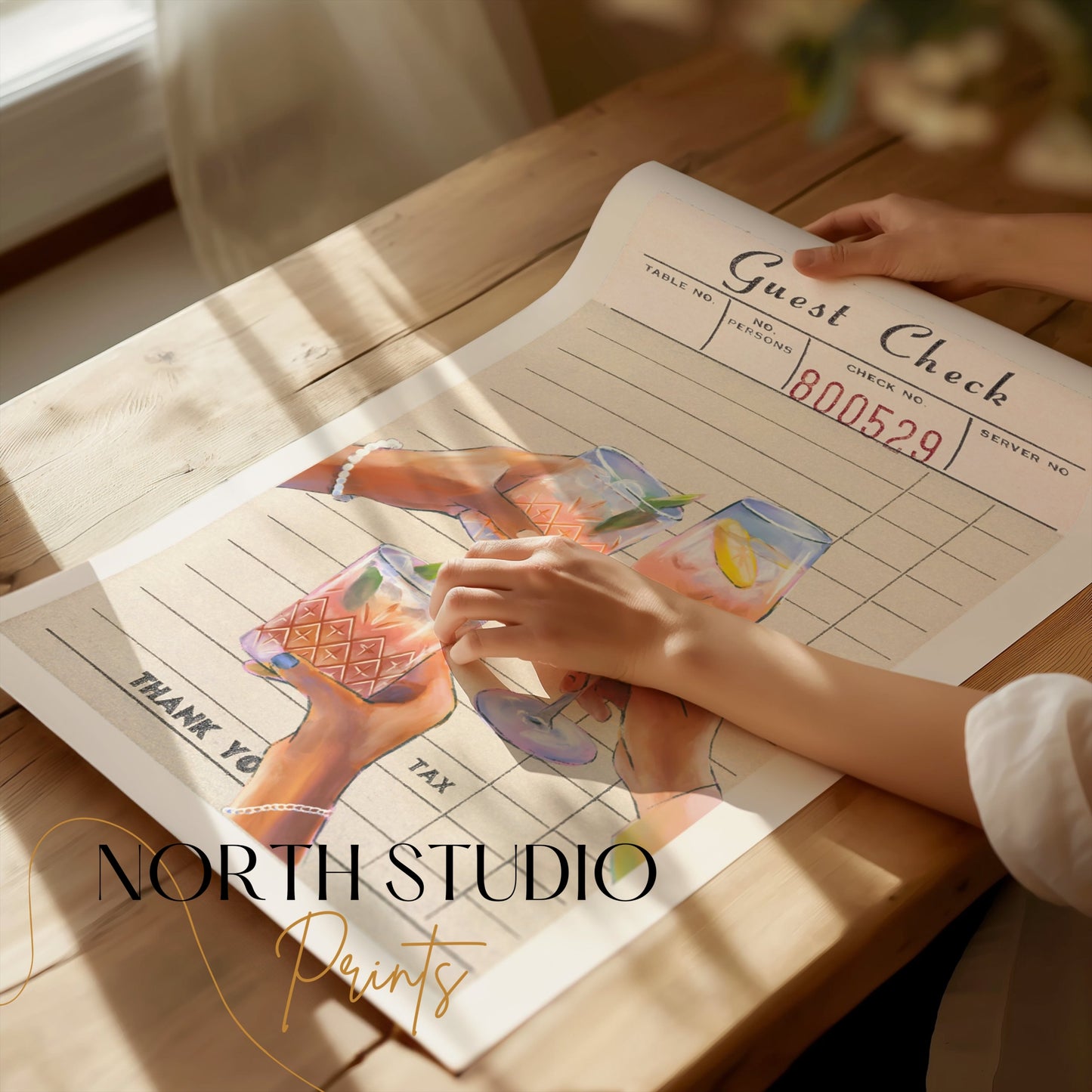 Premium Poster of Guest Check with Three Cocktails Illustrated Posters