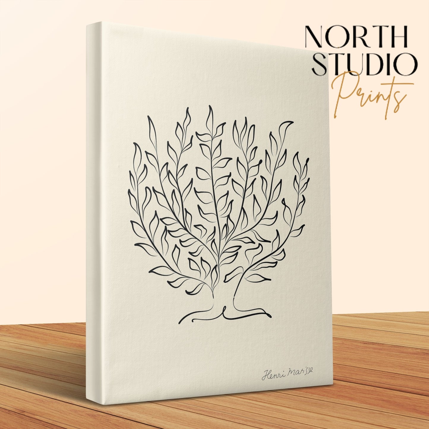 Henri Matisse plant illustration canvas wrap close-up, showcasing its elegant black line art and premium beige canvas texture.