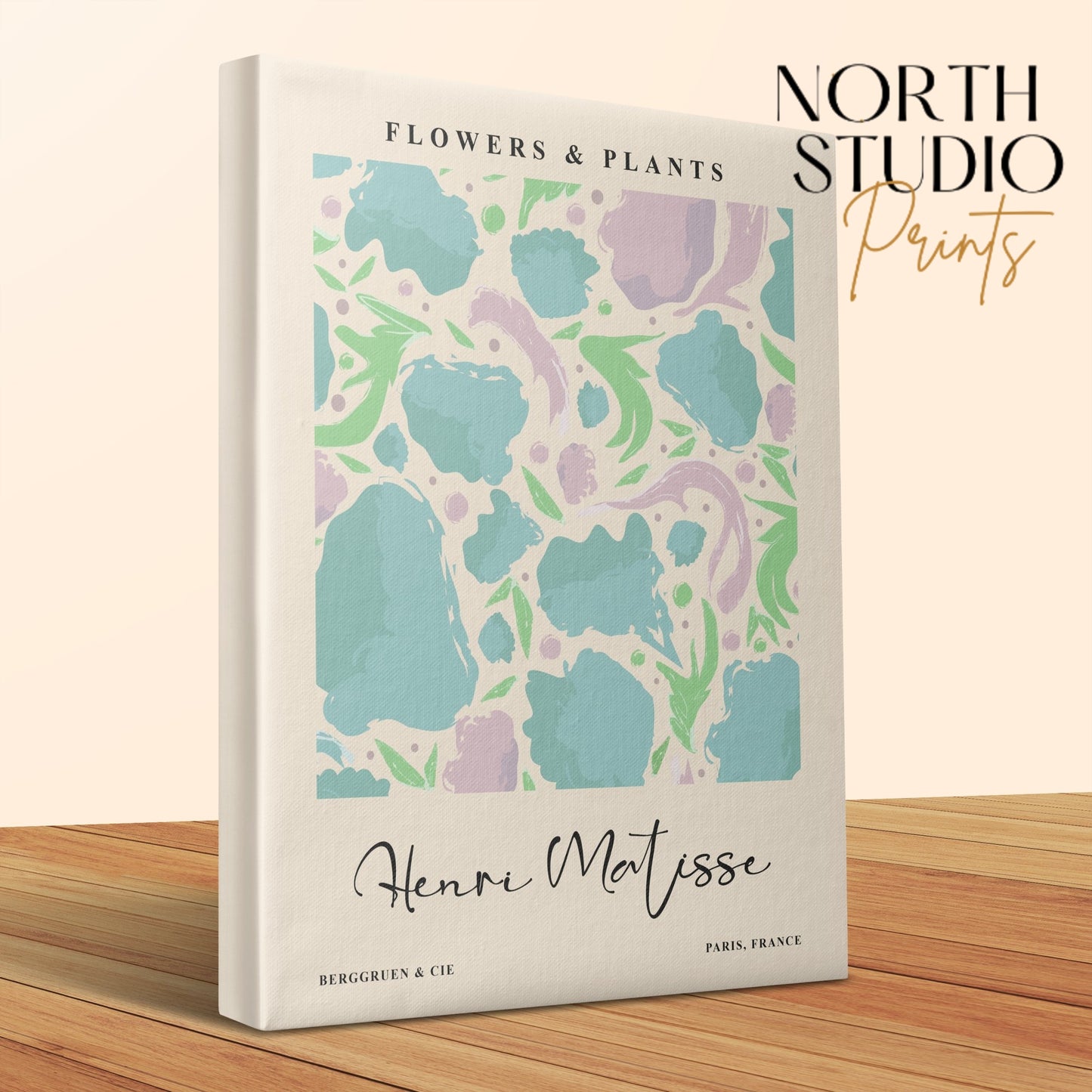 Henri Matisse Flowers and Plants canvas wrap displayed on a wooden surface with North Studio Prints branding, ideal for modern art lovers.