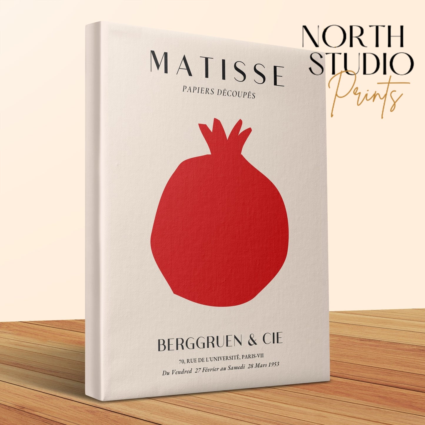 Henri Matisse inspired Berggruen and Cie canvas wrap close-up showcasing its textured finish and bold red pomegranate design.