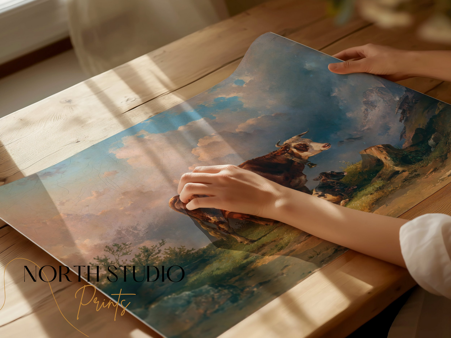 Premium Poster of Idyllic Pastoral Scene with Cows in Landscape Posters