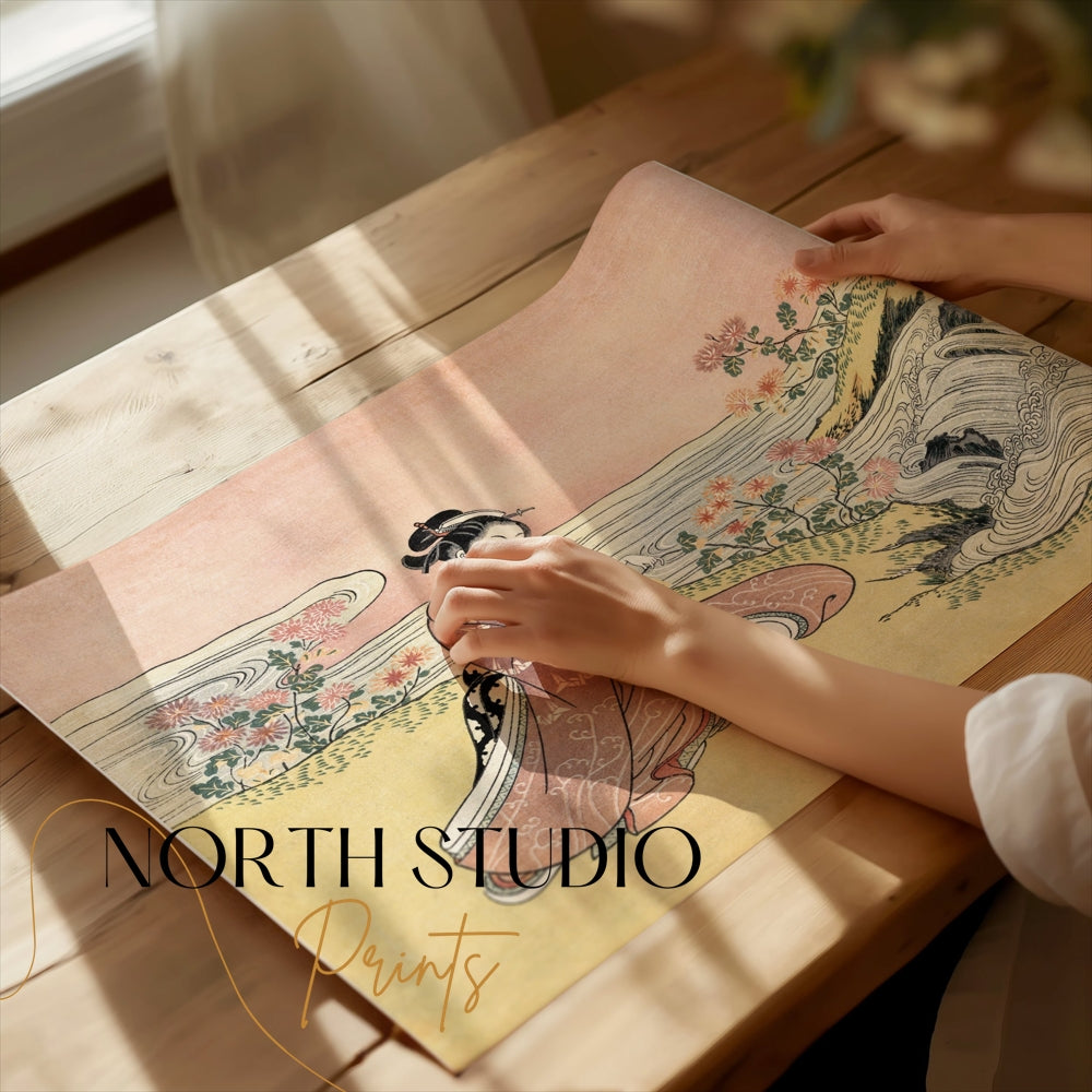 Premium Poster of Japanese girl with flowers by river vintage art Posters