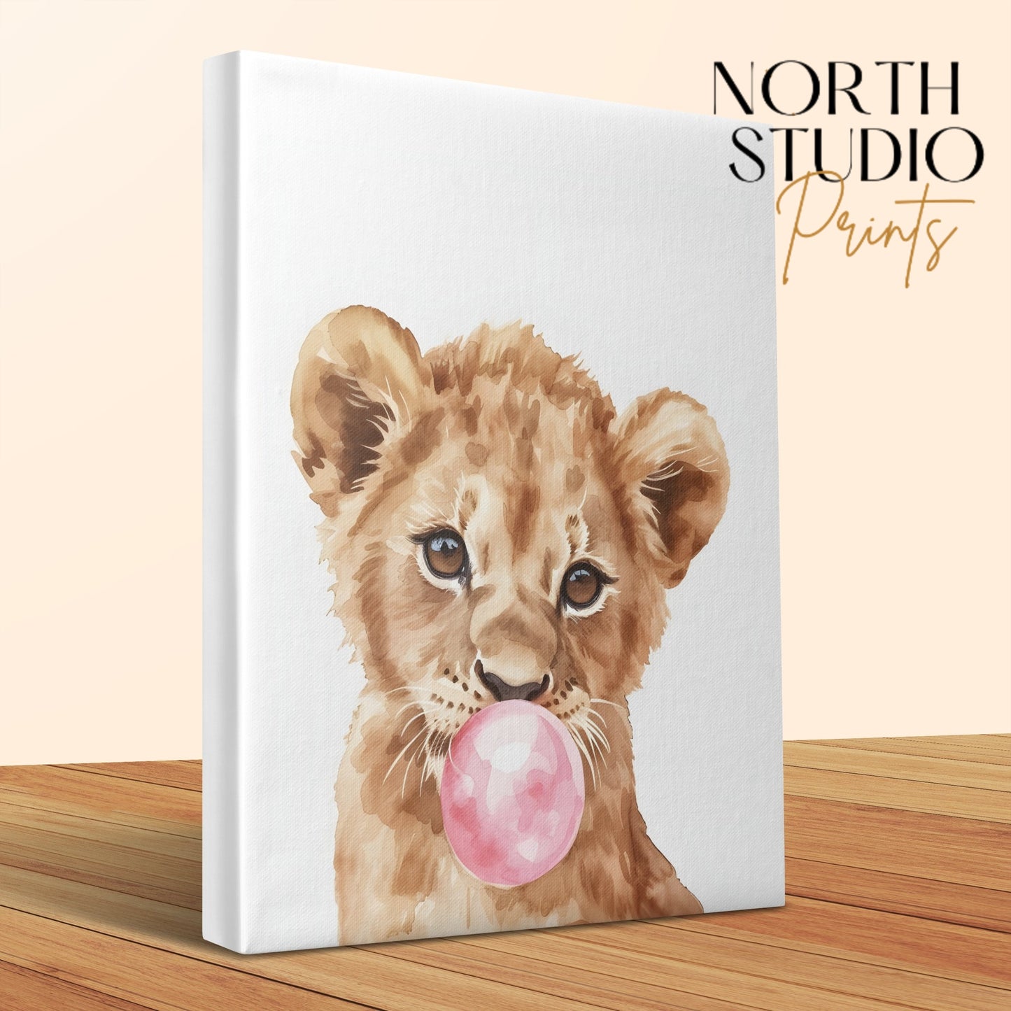 Premium Poster of Lion Cub Blowing Bubblegum Nursery Wall Art Canvas Wraps