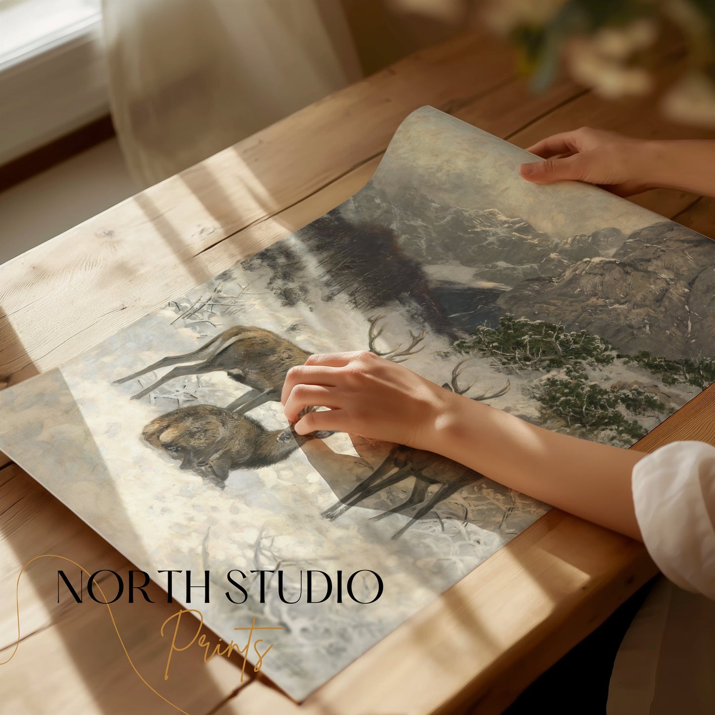 Premium Poster of Majestic Deer in a Snowy Mountain Landscape Posters
