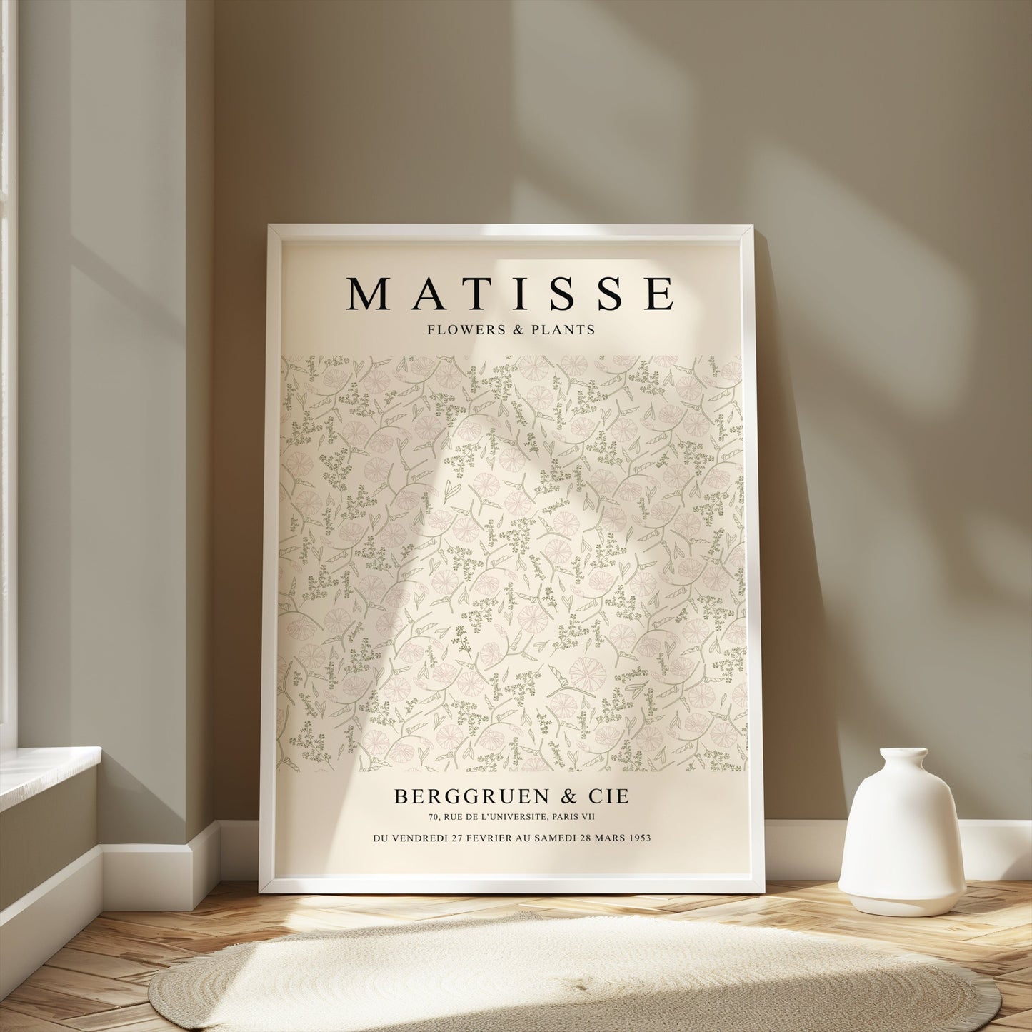 Matisse Flowers and Plants Berggruen and Cie poster in a white frame, styled in a modern room with neutral tones and natural light.
