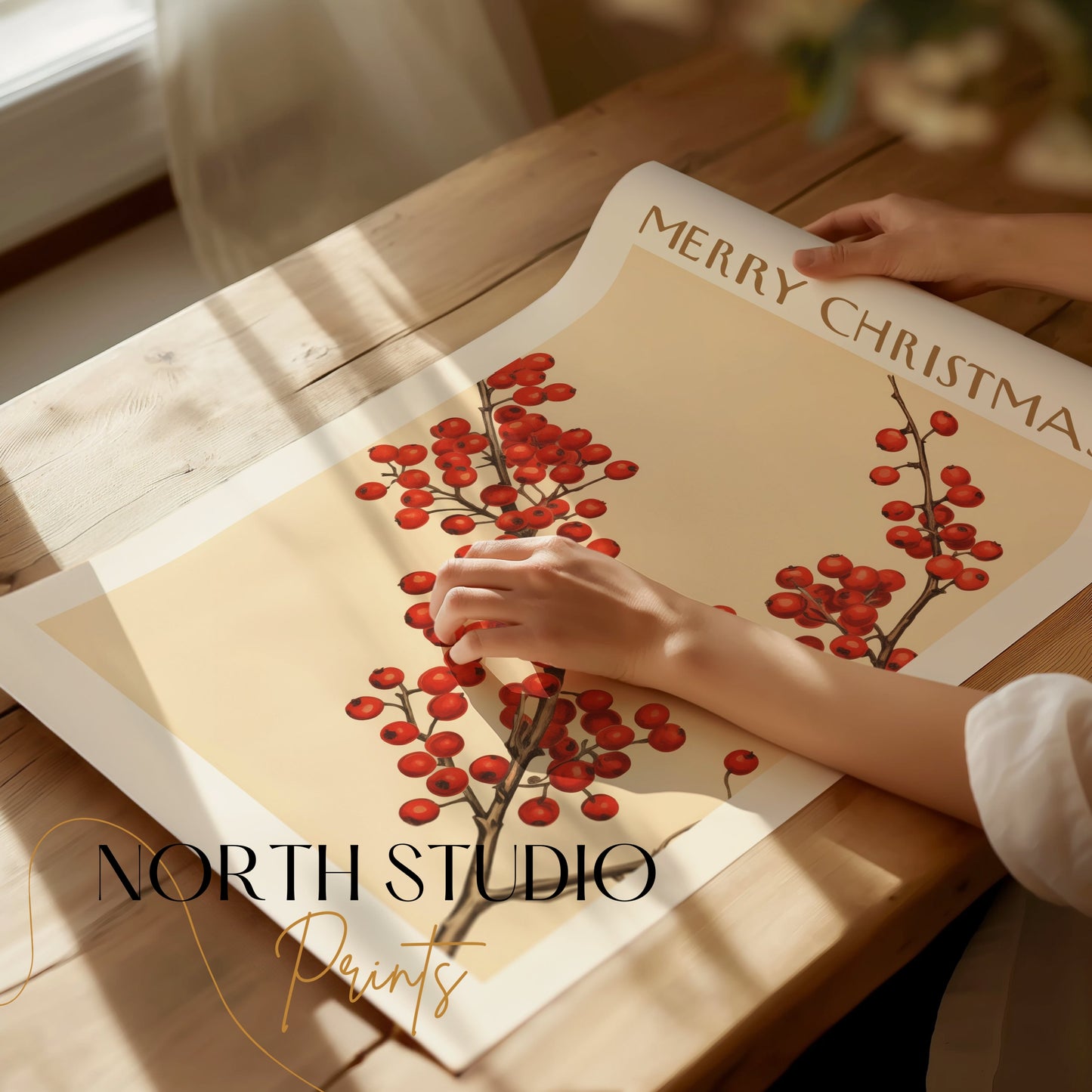 Premium Poster of Merry Christmas Red Berries Festive Art Print Posters
